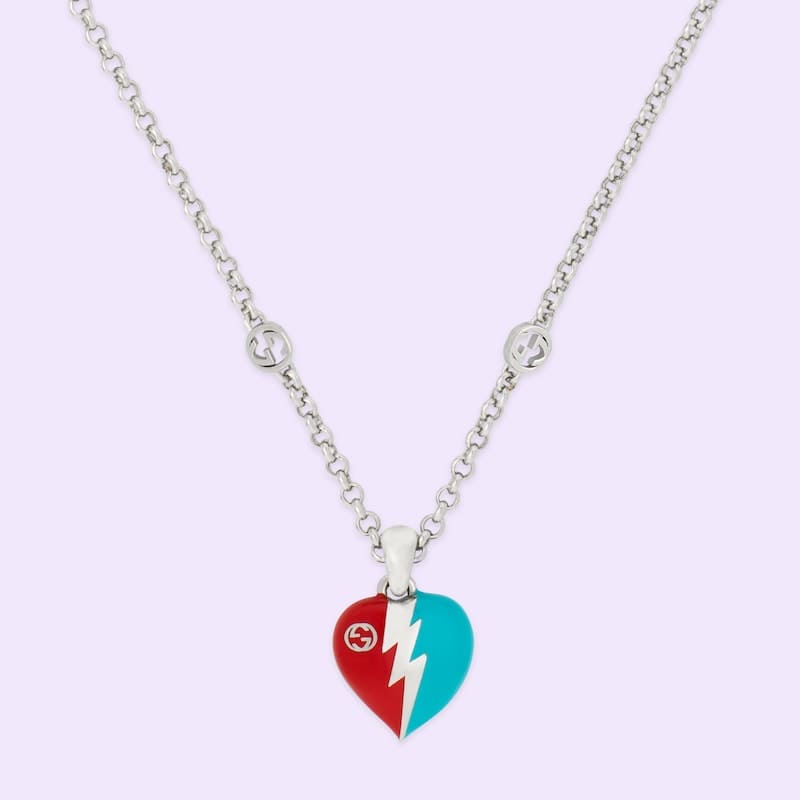 Double Gucci Interlocking Gucci Heart Lightning Charm Necklace