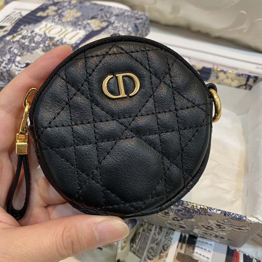 DIOR DETACHABLE CARO ROUND COIN PURSE BLACK CANNAGE CALFSKIN