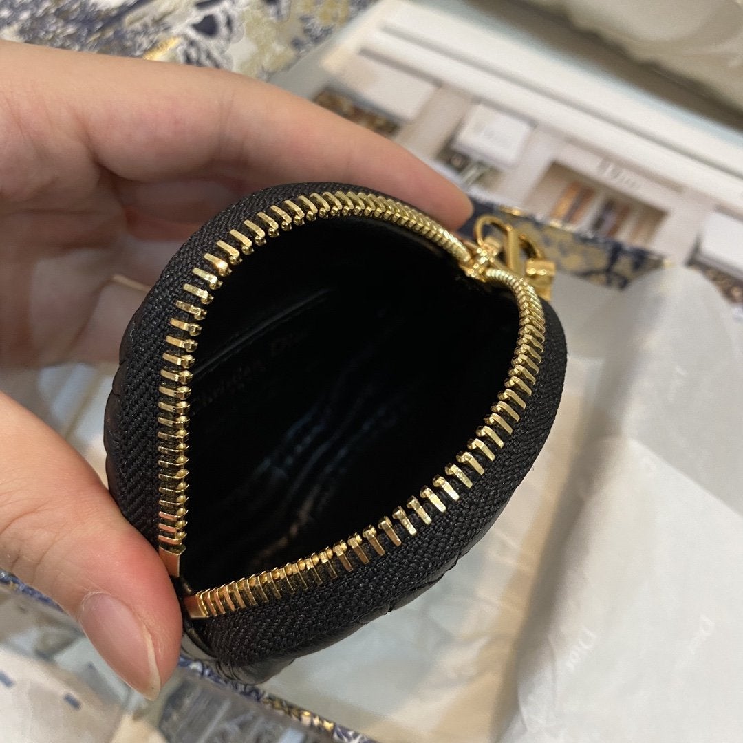 DIOR DETACHABLE CARO ROUND COIN PURSE BLACK CANNAGE CALFSKIN