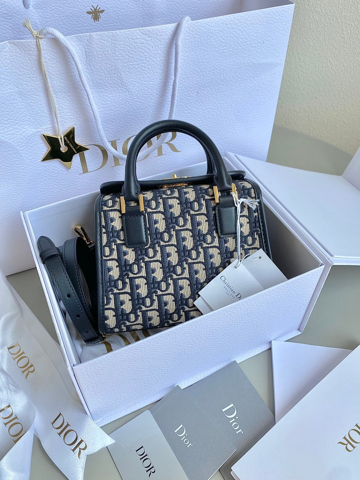 DIOR SMALL BOSTON 22 BLUE OBLIQUE EMBROIDERY