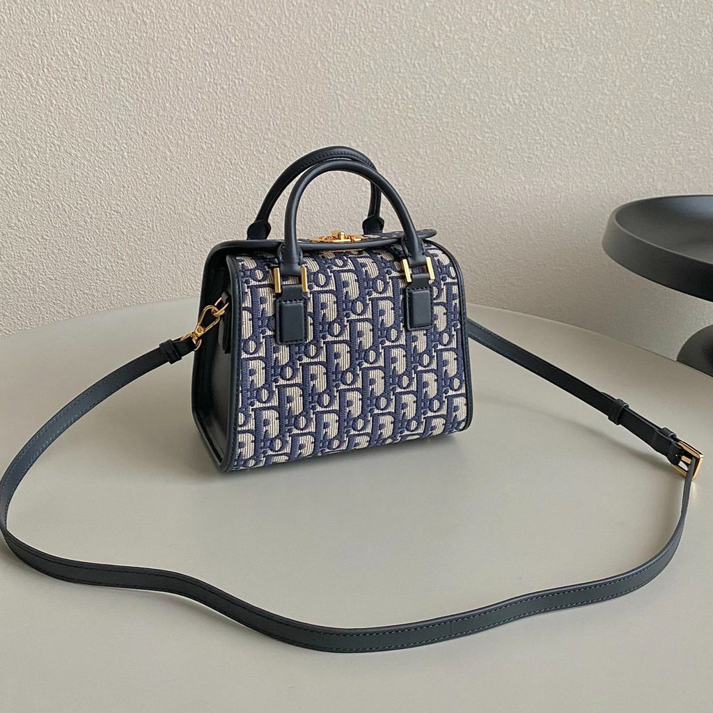 DIOR SMALL BOSTON 22 BLUE OBLIQUE EMBROIDERY
