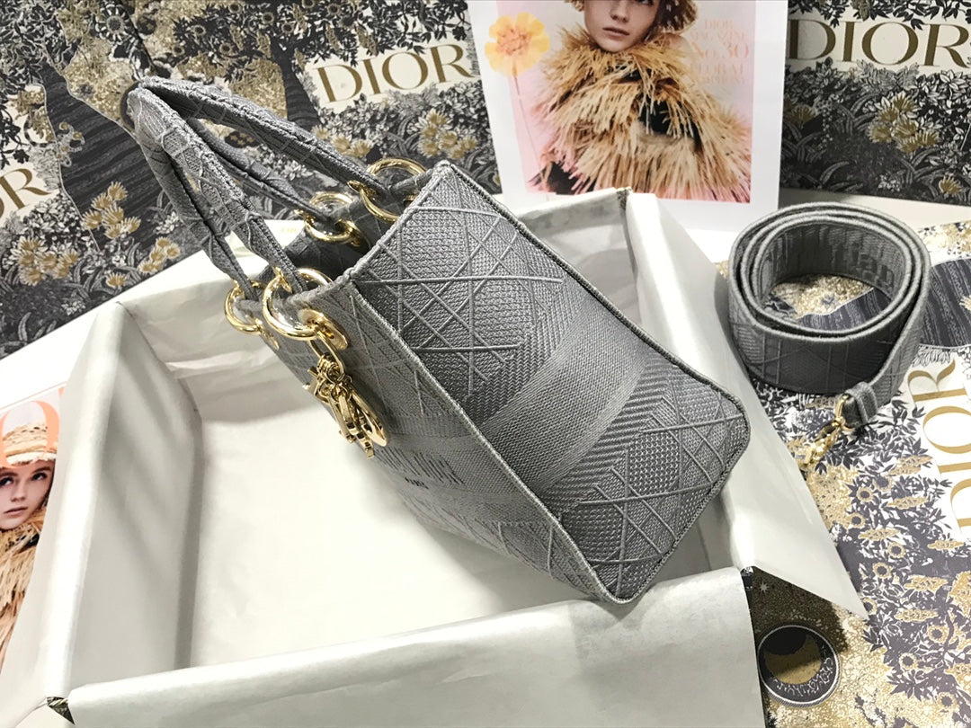 DIOR MEDIUM LADY D-LITE 24 GRAY CANNAGE EMBROIDERY