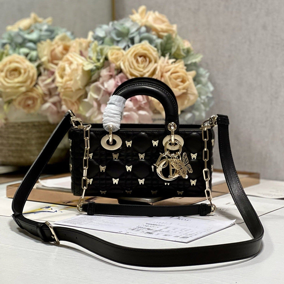 DIOR SMALL LADY D-JOY 22 BUTTERFLY STUD BLACK LAMBSKIN