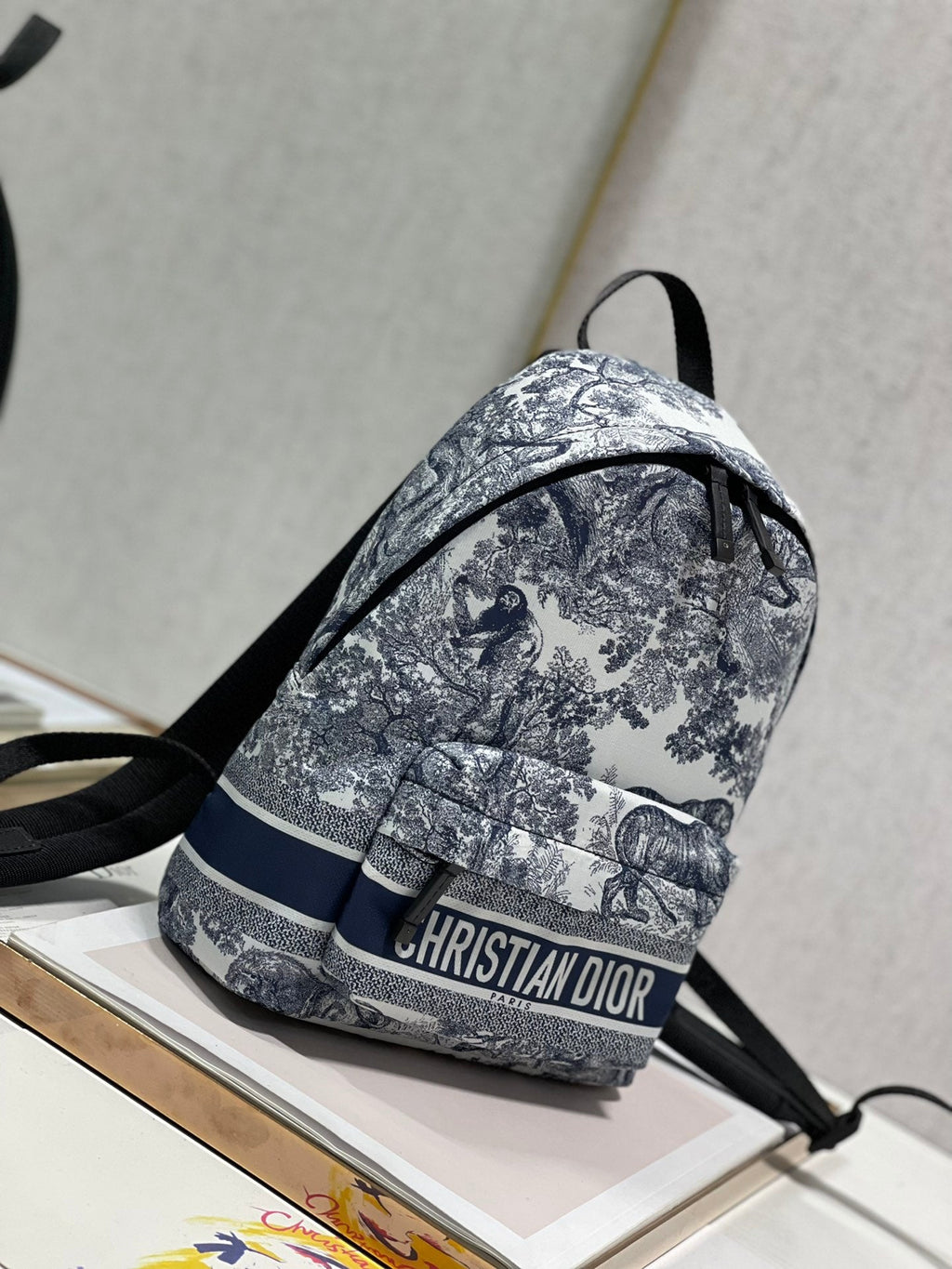 DIOR TRAVEL BACKPACK 20CM WHITE BLUE OBLIQUE JACQUARD