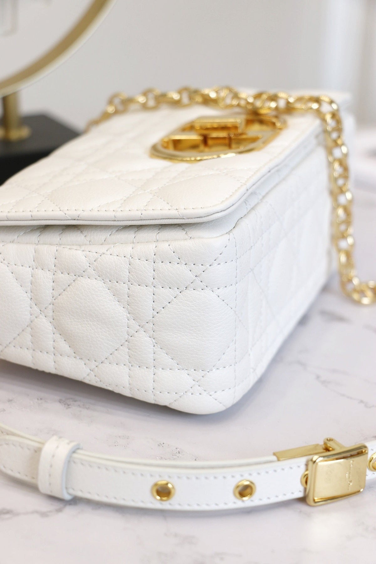 DIOR CARO MINI BAG 20 IN WHITE CALFSKIN