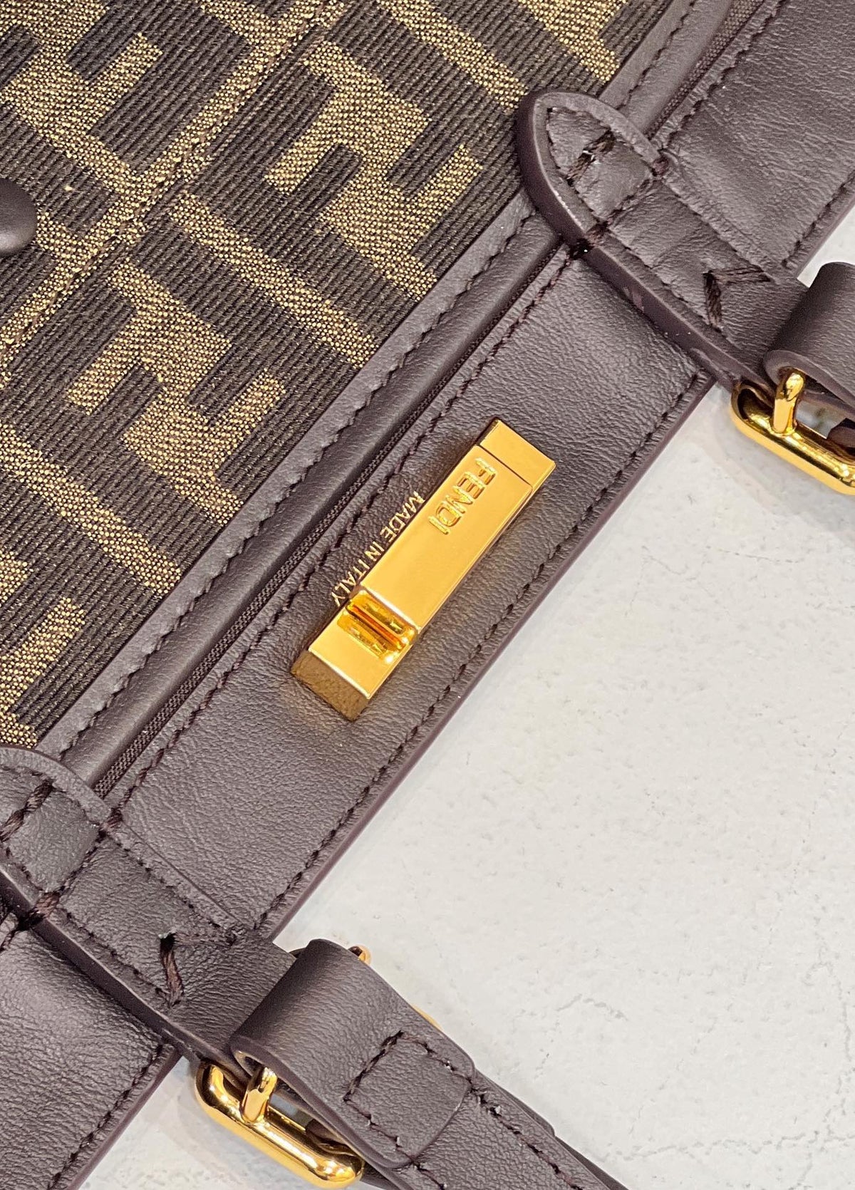 FENDI TOTE 41 BAG IN BROWN MIX BLACK MONOGRAM CANVAS GOLD HARDWARE