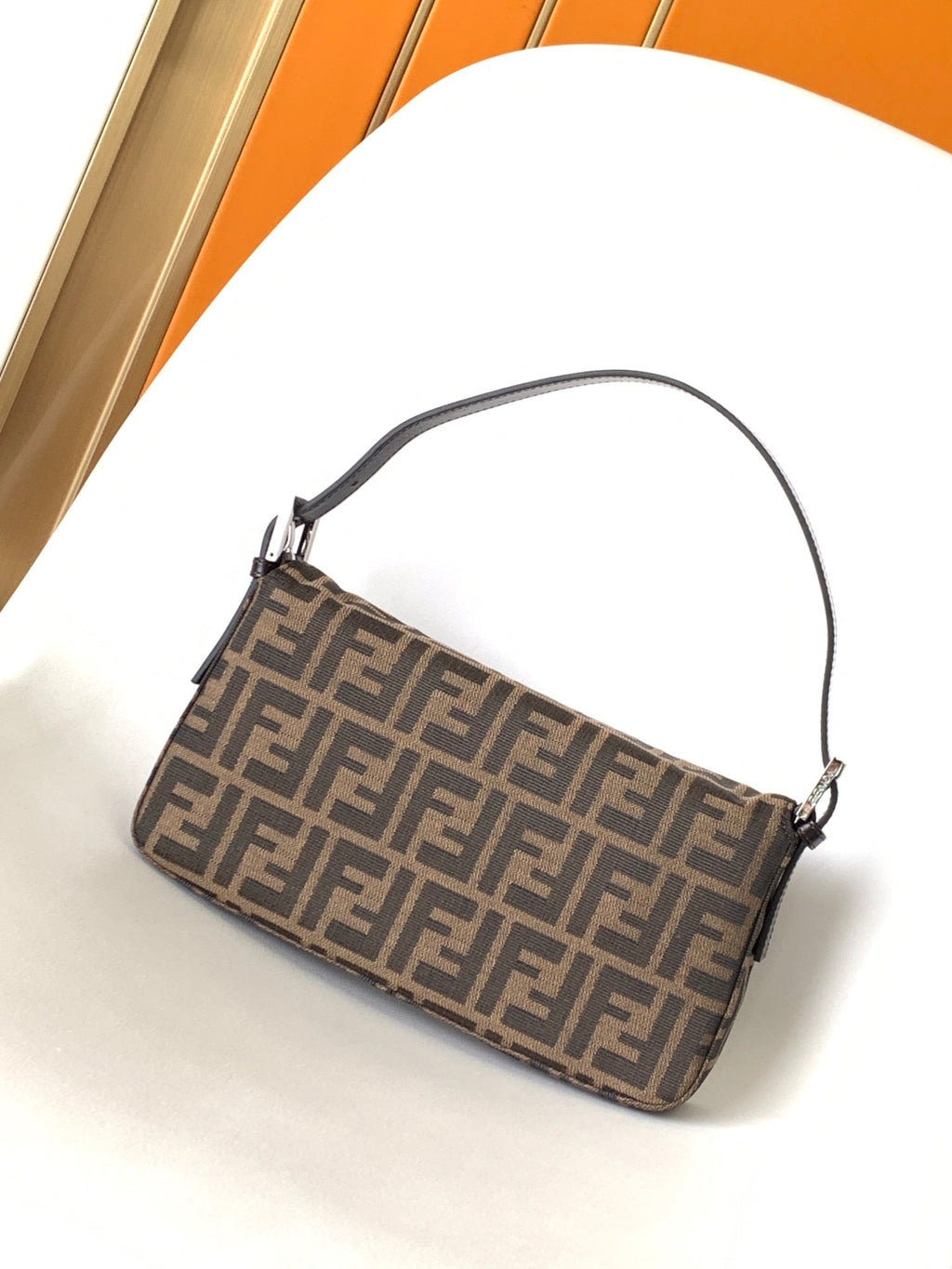 Fend Baguette 27 Shoulder Bag Brown FF Jacquard Fabric Bag Shw
