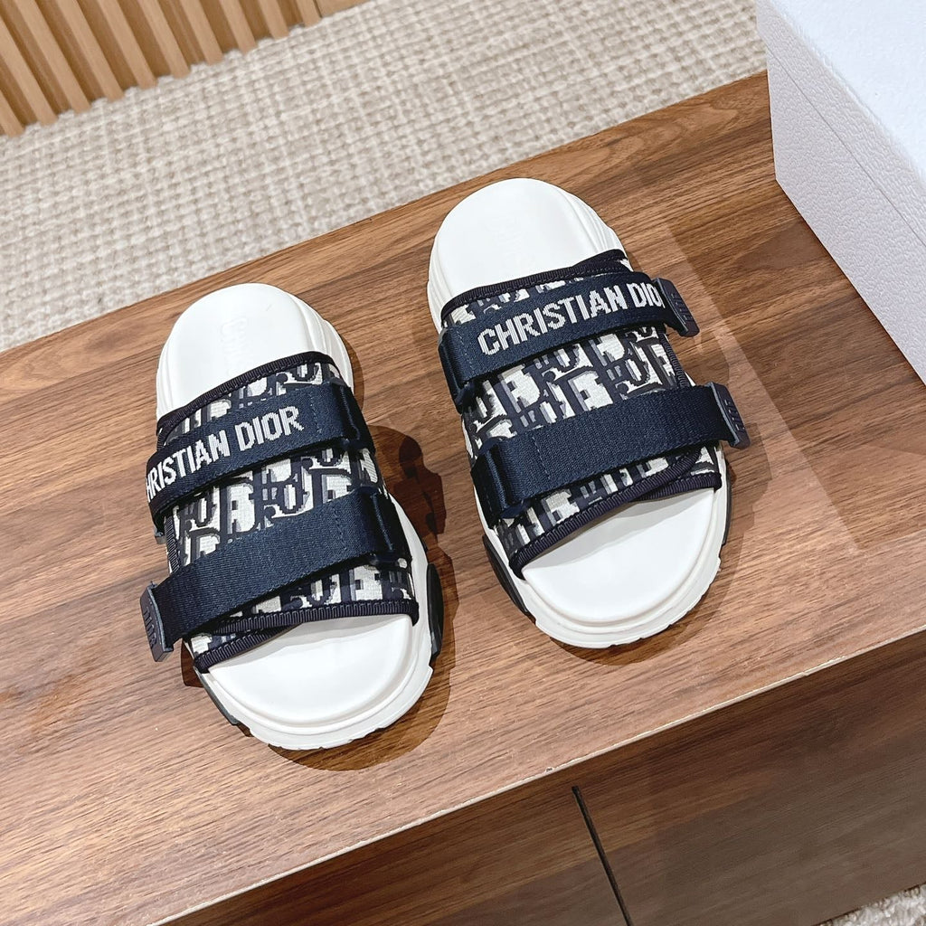 DIOR PLATFORM SLIDES 25S 30 MM IN MIDNIGHT BLUE MIX WHITE FABRIC AND CALFSKIN