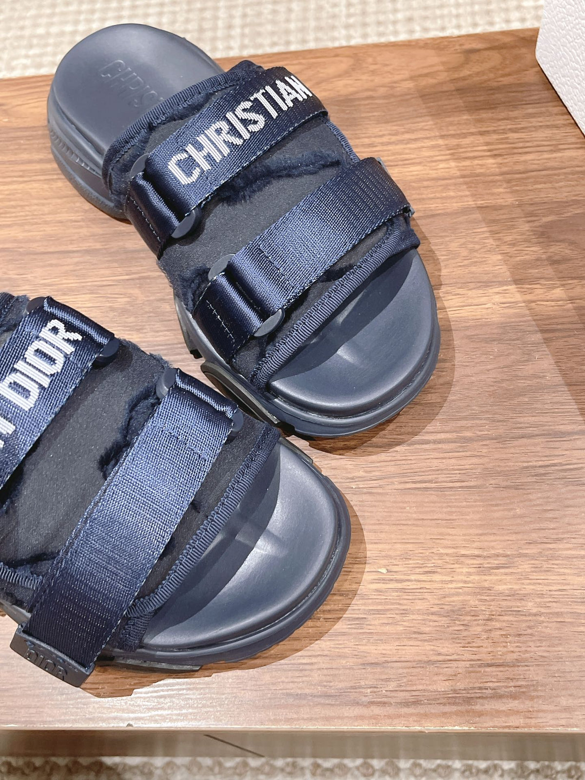 DIOR PLATFORM SLIDES 25S 30 MM IN MIDNIGHT BLUE FABRIC AND CALFSKIN