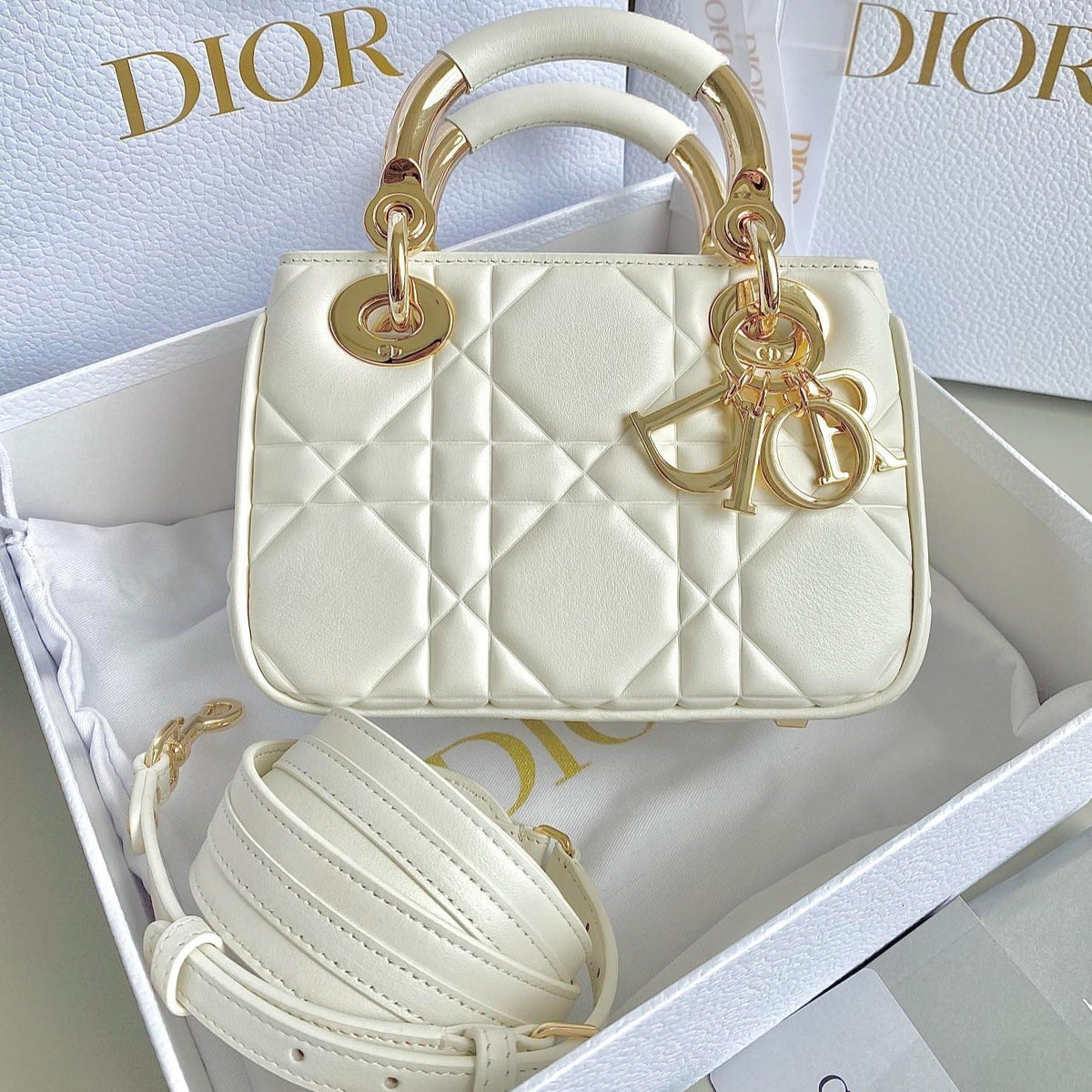 DIOR MINI LADY 19 IN WHITE LAMBSKIN