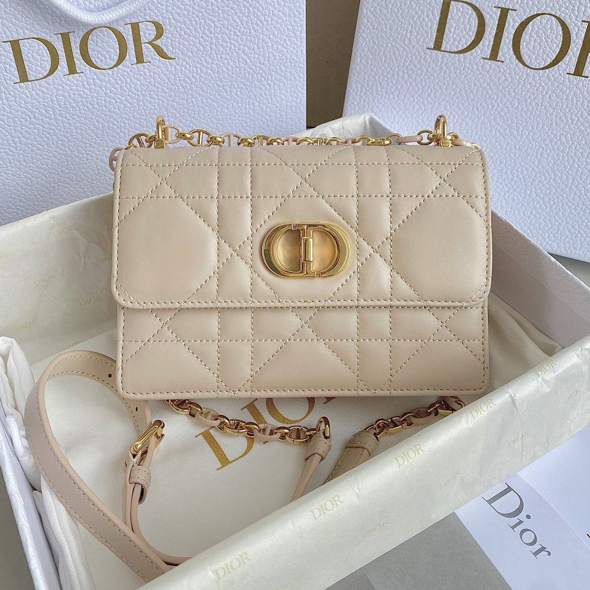 DIOR MINI CHAIN BAG 17 IN BEIGE CALFSKIN