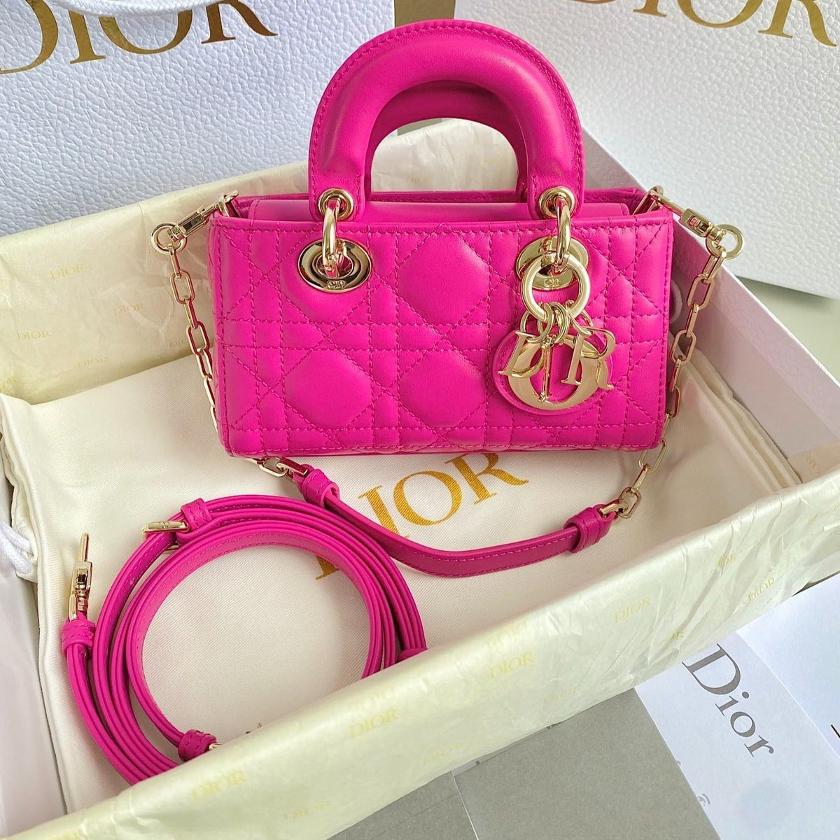 DIOR MINI D-JOY BAG 17 IN HOT PINK LAMBSKIN