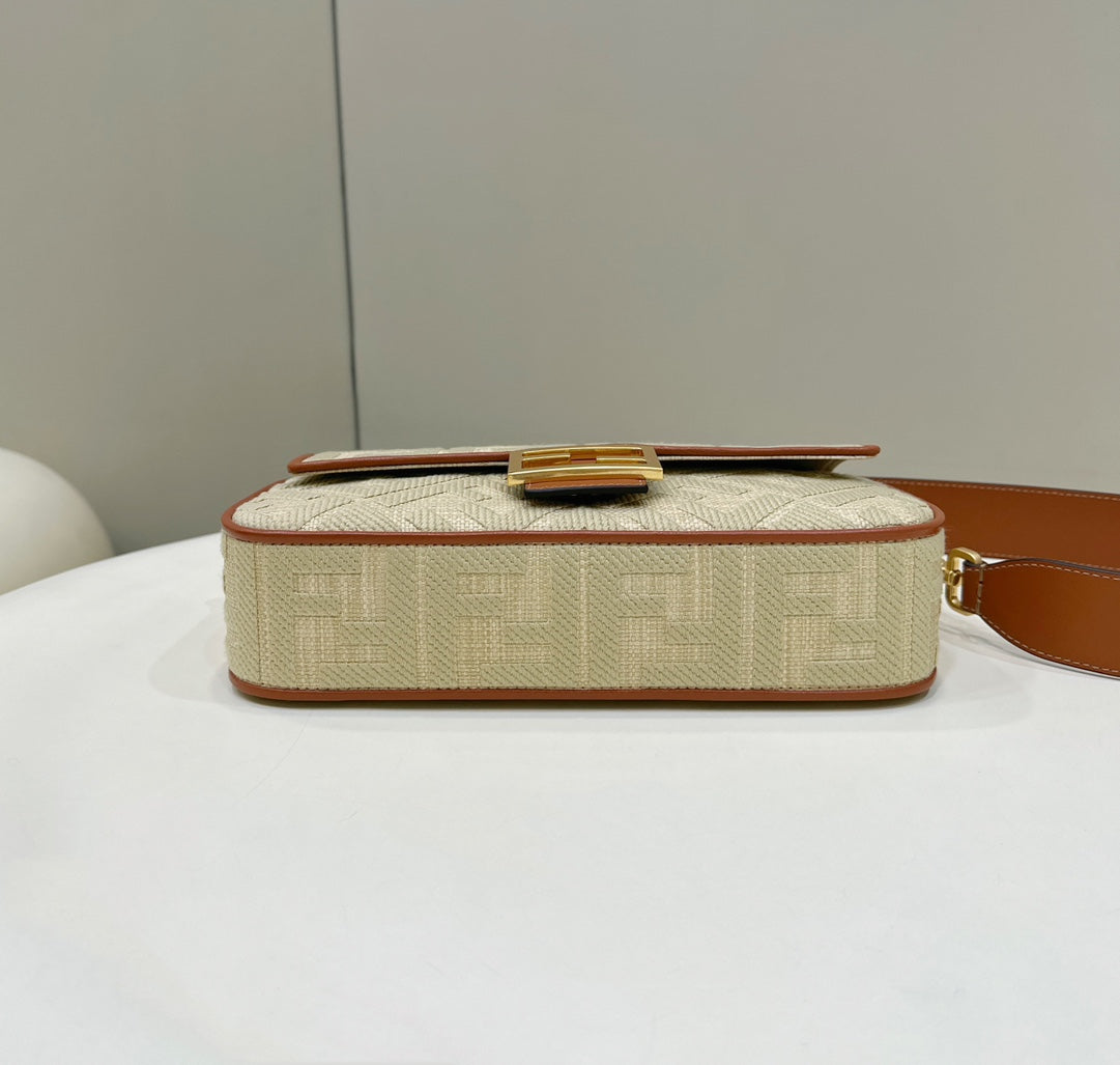 Fend Baguette Tan Beige Canvas Bag 27 with FF Embroidery Ghw