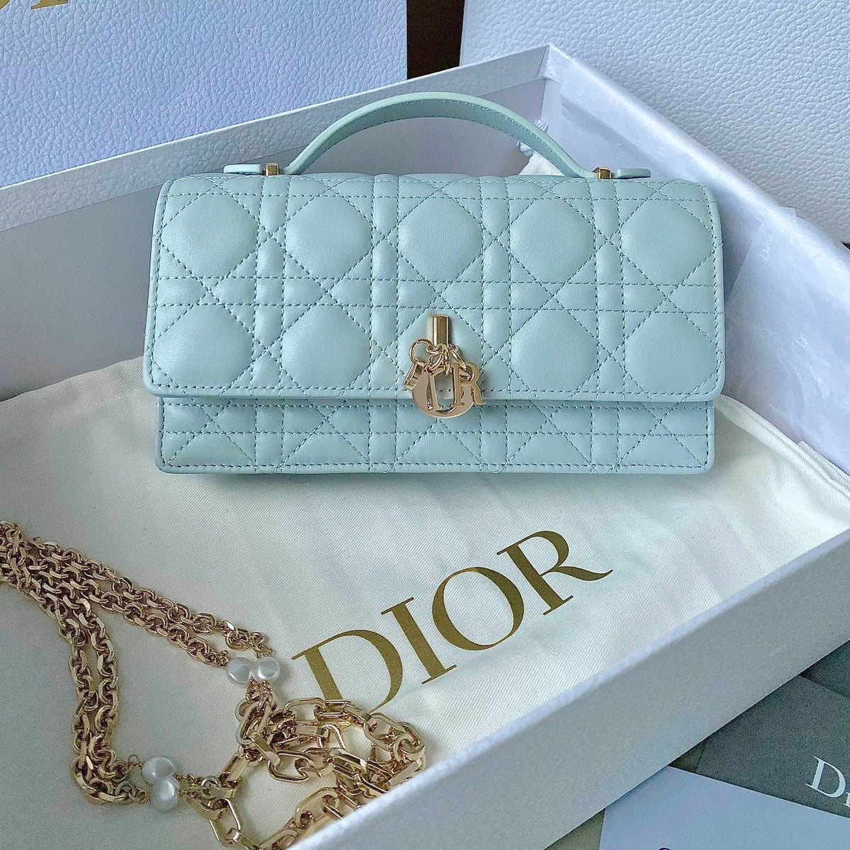 DIOR LADY 21 CHAIN BAG IN LIGHT BLUE LAMBSKIN