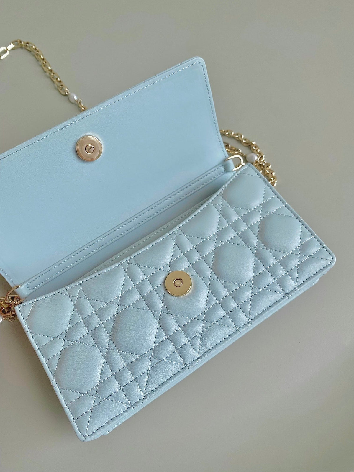 DIOR LADY 21 CHAIN BAG IN LIGHT BLUE LAMBSKIN