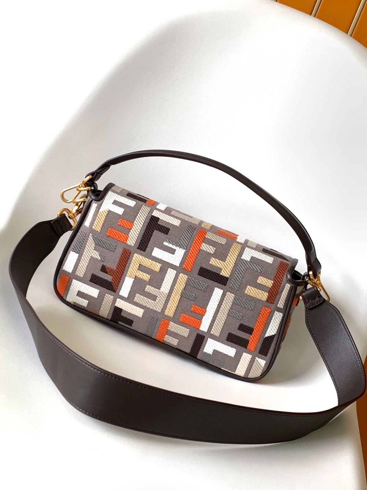 Fend Baguette Brown and Multicolour Canvas Bag 27 with FF Embroidery Ghw