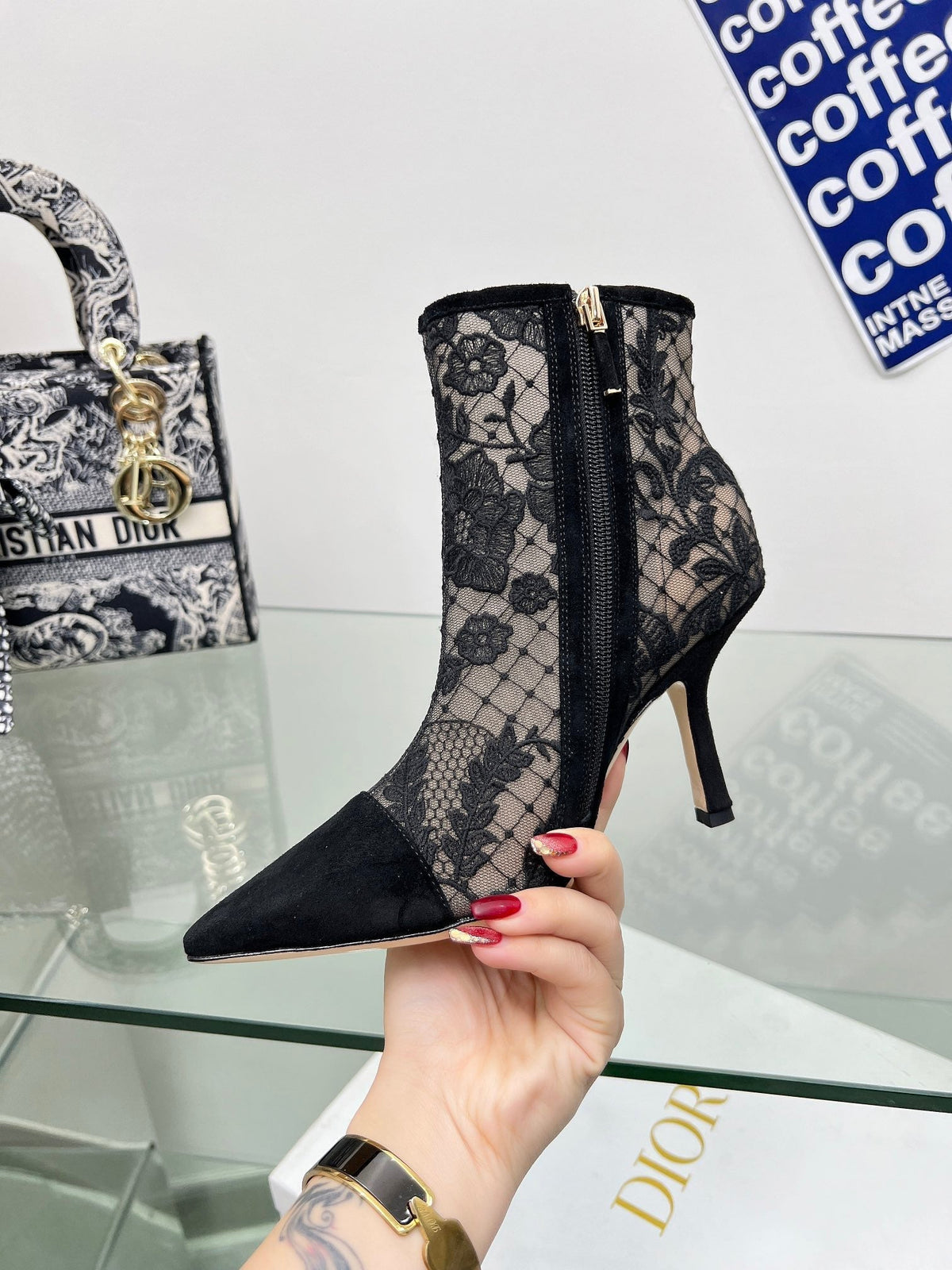 DIOR 25S POINTED-TOE ANKLE BOOTS 95 MM IN BLACK MESH TULLE AND SUEDE STYLE 1
