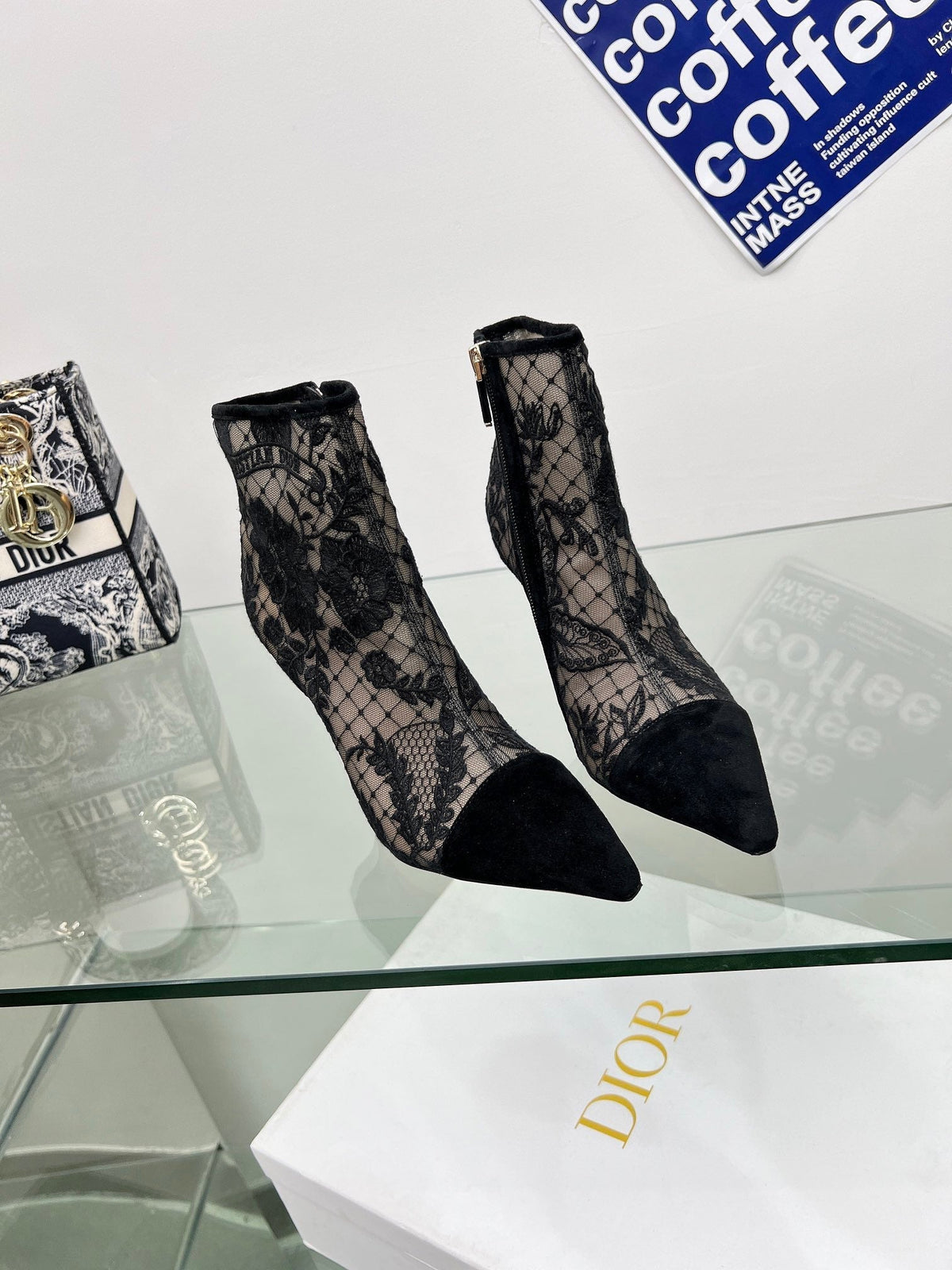 DIOR 25S POINTED-TOE ANKLE BOOTS 95 MM IN BLACK MESH TULLE AND SUEDE