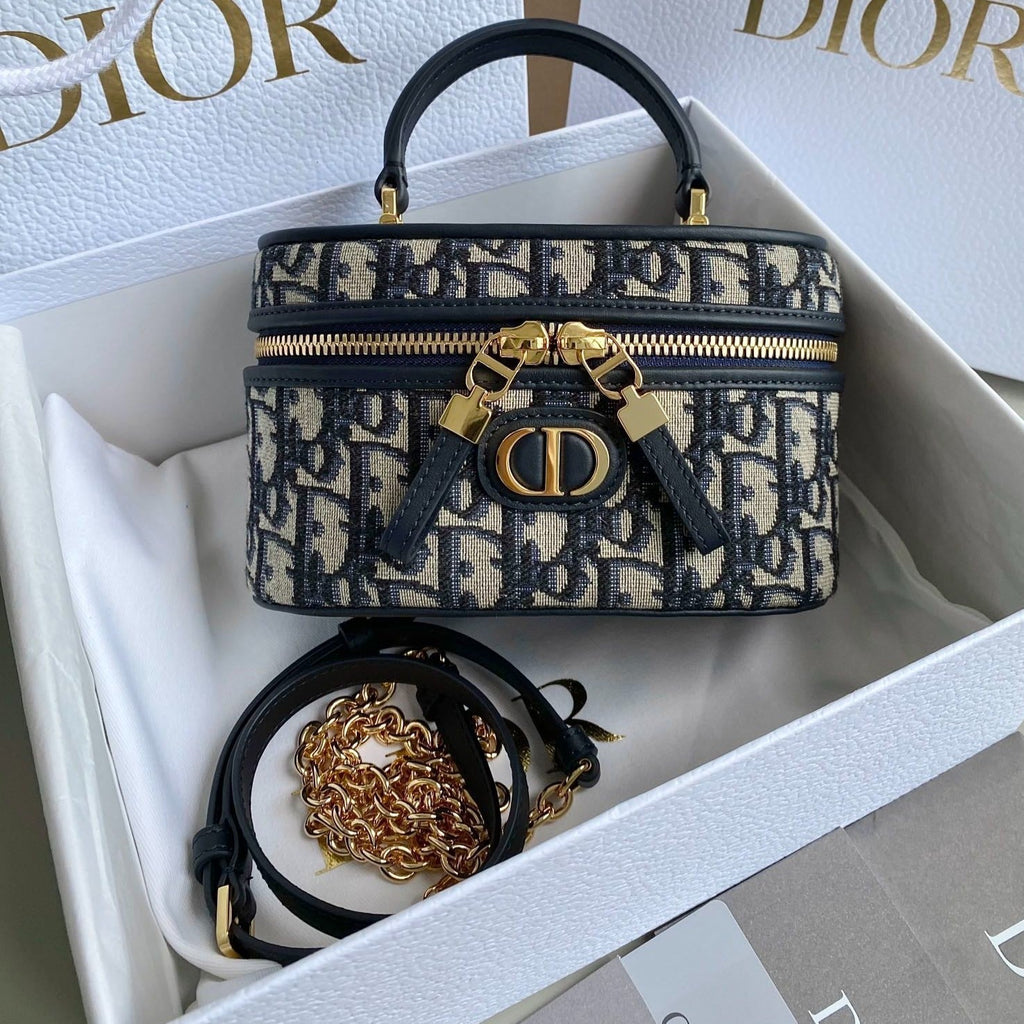 DIOR MONTAIGNE MINI VANITY CASE 16 BLUE OBLIQUE JACQUARD