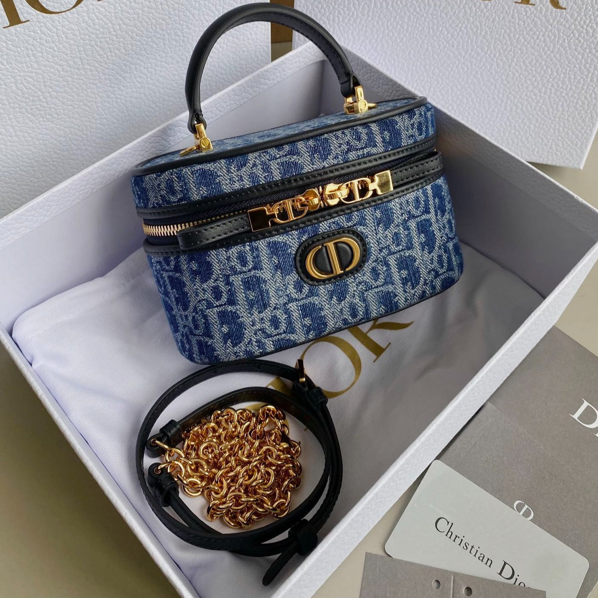 DIOR MINI VANITY CASE 16 BLUE DENIM OBLIQUE JACQUARD