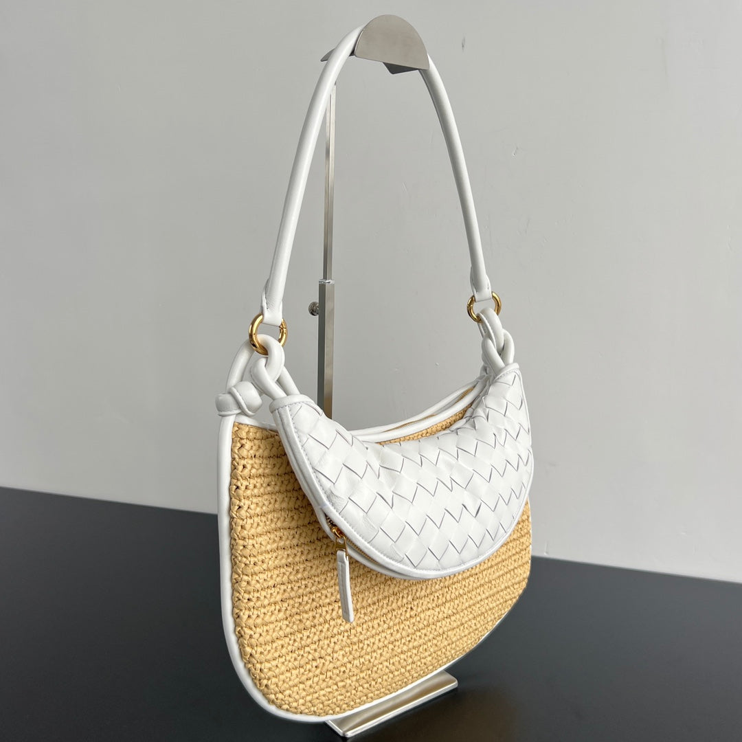 GEMELLI SHOULDER BAG 36 IN BEIGE RAFFIA AND WHITE LAMBSKIN
