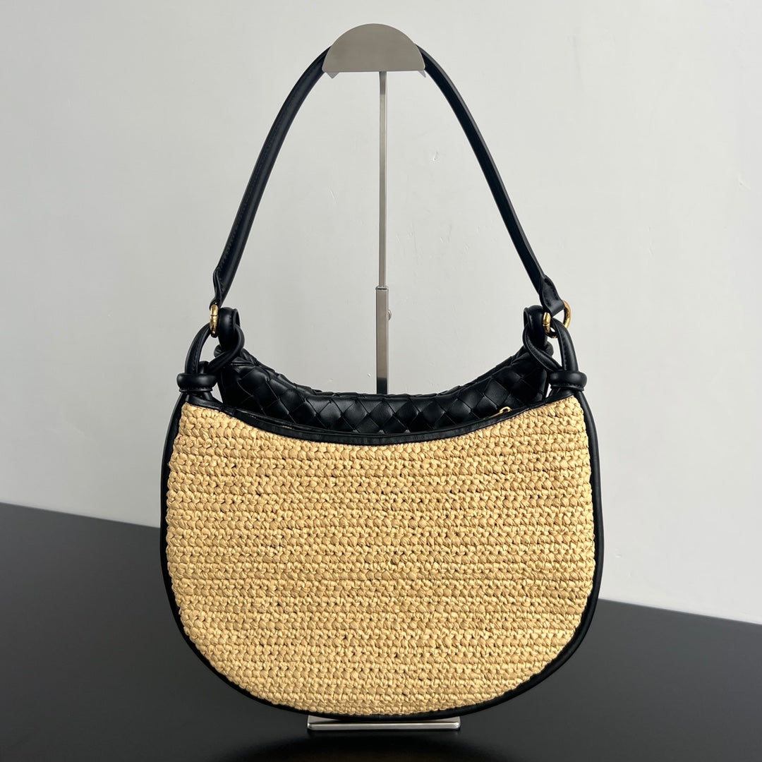 GEMELLI SHOULDER BAG 36 IN BEIGE RAFFIA AND BLACK LAMBSKIN