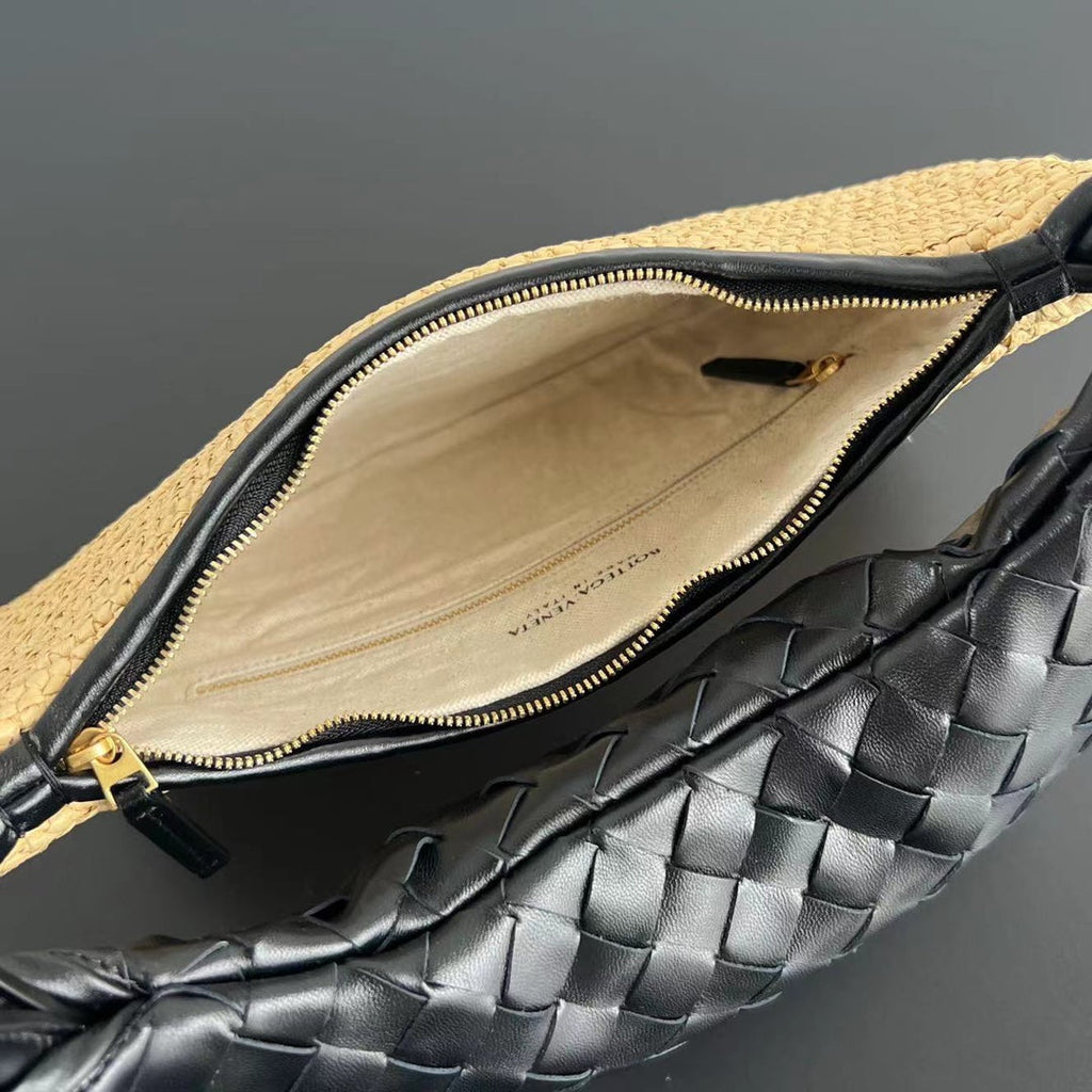 GEMELLI SHOULDER BAG 36 IN BEIGE RAFFIA AND BLACK LAMBSKIN