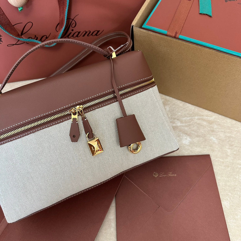 EXTRA BAG L27 IN WHITE CANVAS AND RED BROWN CALFSKIN WITH GOLD HARDWARE