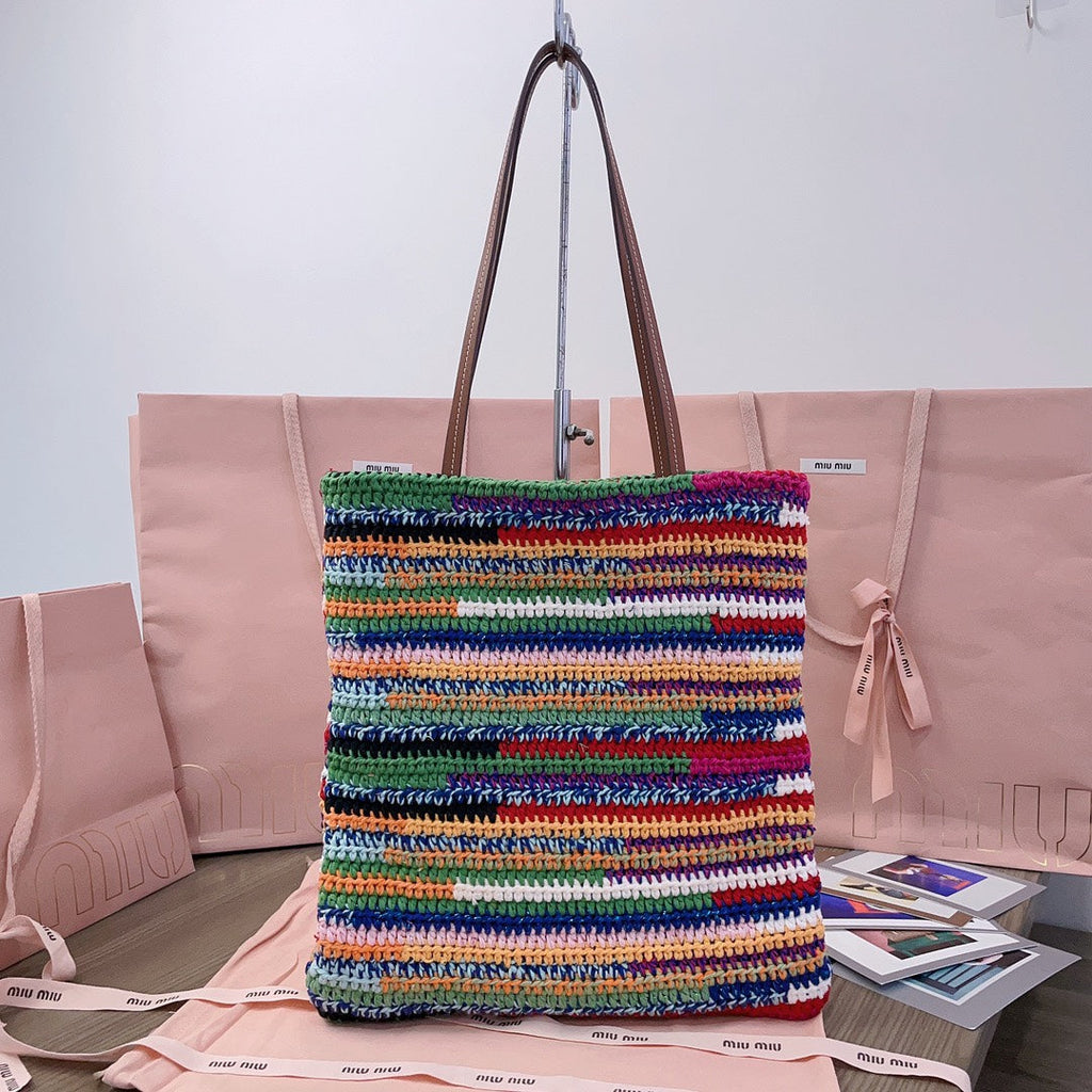 CROCHET TOTE BAG 38 IN MULTICOLORED WOVEN RAFFIA