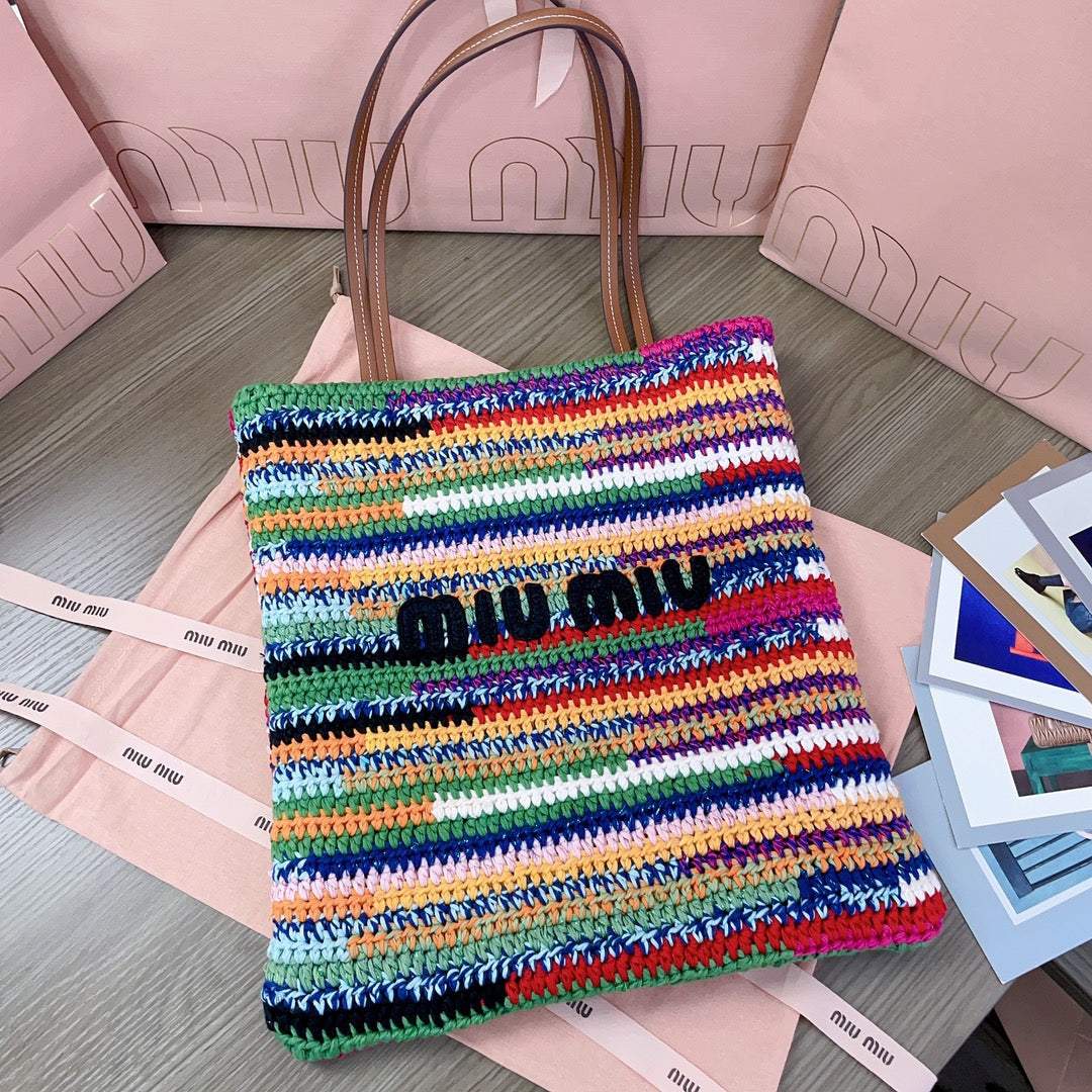 CROCHET TOTE BAG 38 IN MULTICOLORED WOVEN RAFFIA