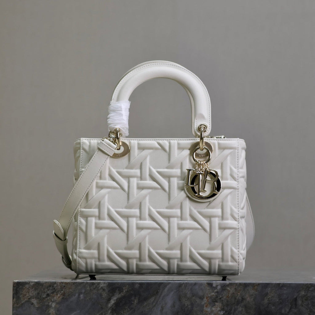 DIOR LADY BAG 24 IN WHITE GRAPHIC CANNAGE CALFSKIN PALE GOLD-FINISH METAL CHARMS