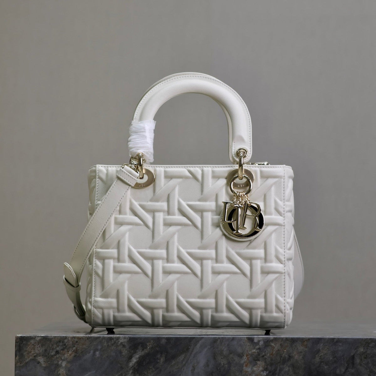 DIOR LADY BAG 24 IN WHITE GRAPHIC CANNAGE CALFSKIN PALE GOLD-FINISH METAL CHARMS