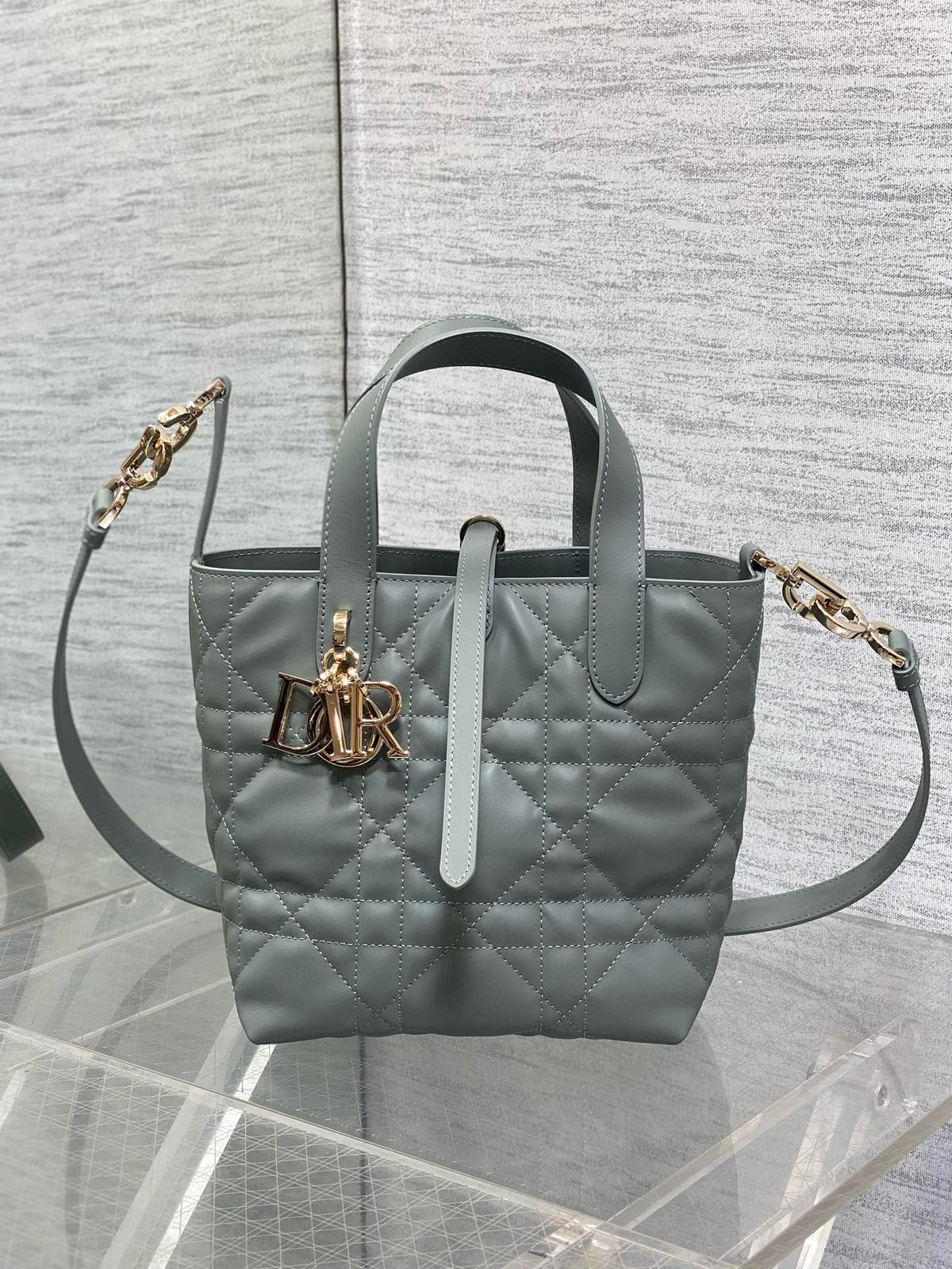 DIOR MINI TOUJOURS BUCKET BAG 18 IN GREY CANNAGE CALFSKIN