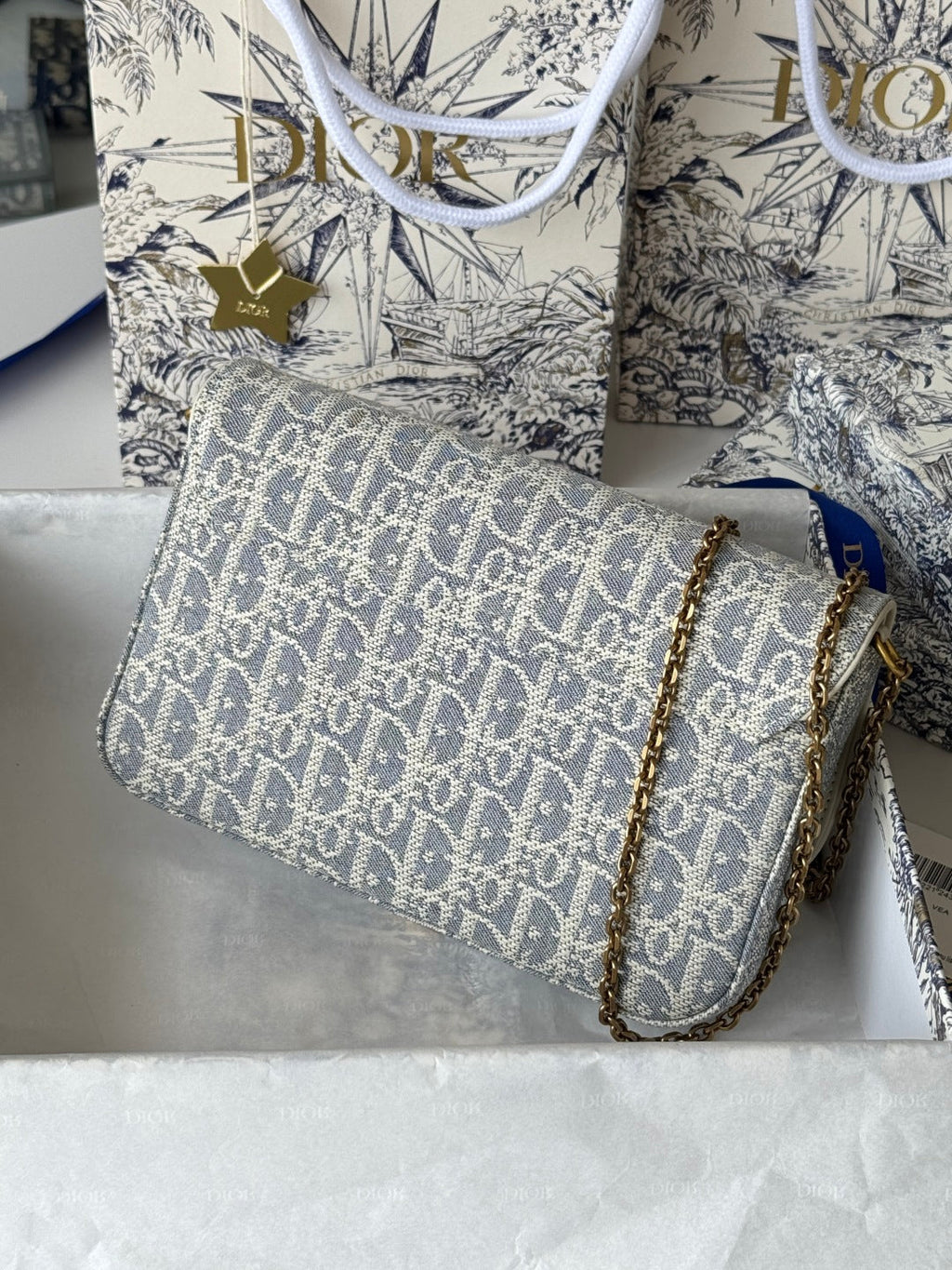 DIOR 25S MEDIUM SADDLE POUCH WITH CHAIN 21 IN LIGHT BLUE DIOR OBLIQUE JACQUARD CANVAS