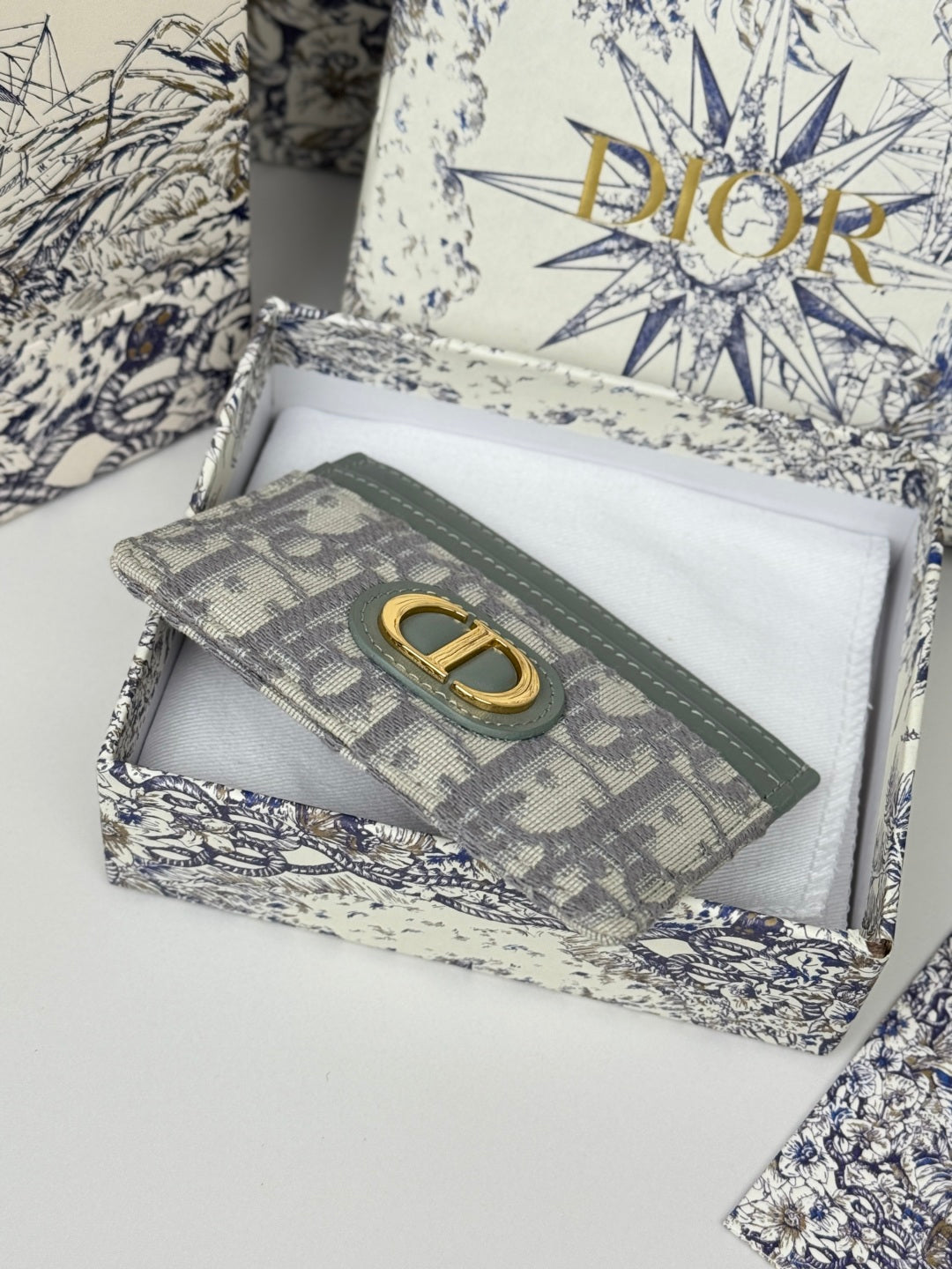 DIOR 25S 30 MONTAIGNE CARD HOLDER 10 IN GRAY GREEN OBLIQUE JACQUARD CANVAS