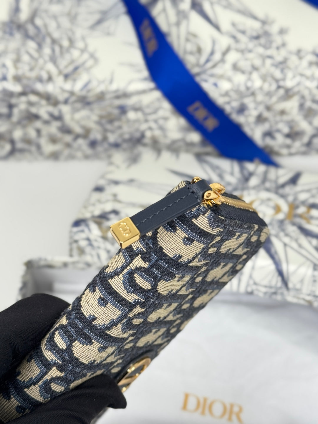 DIOR 25S LONG ZIPPER WALLET 19 IN BLUE OBLIQUE JACQUARD CANVAS