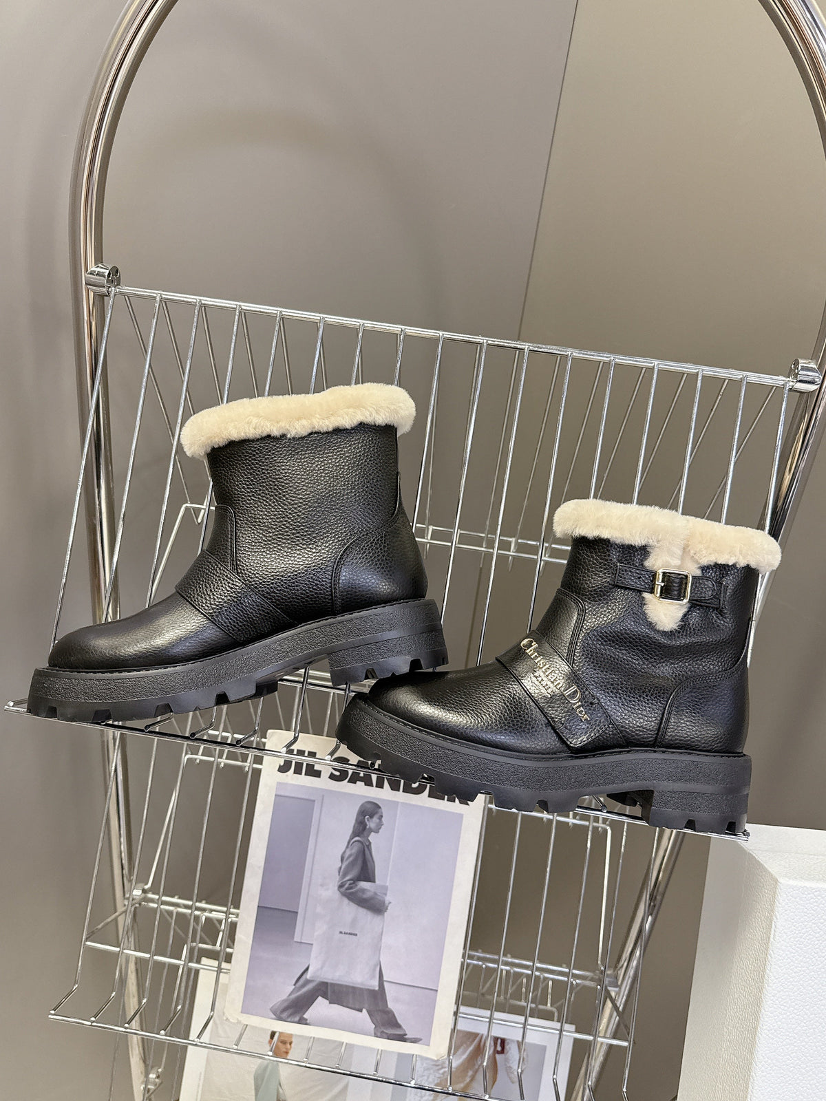 DIOR ALPS ANKLE BOOTS 25S IN BLACK LAMBSKIN AND BEIGE WOOL WITH SILVER HARDWARE