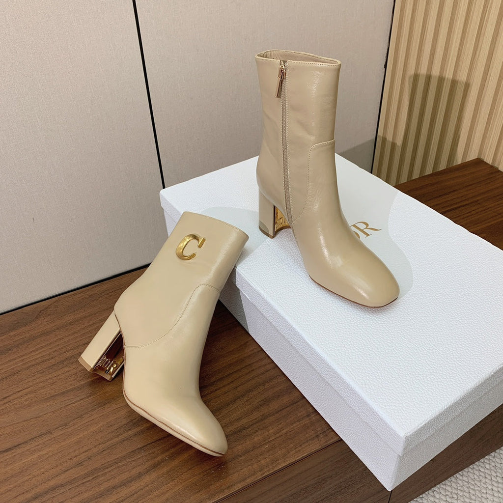 DIOR 25S ANKLE BOOTS 80 MM IN BEIGE CALFSKIN WITH GOLD HARDWARE
