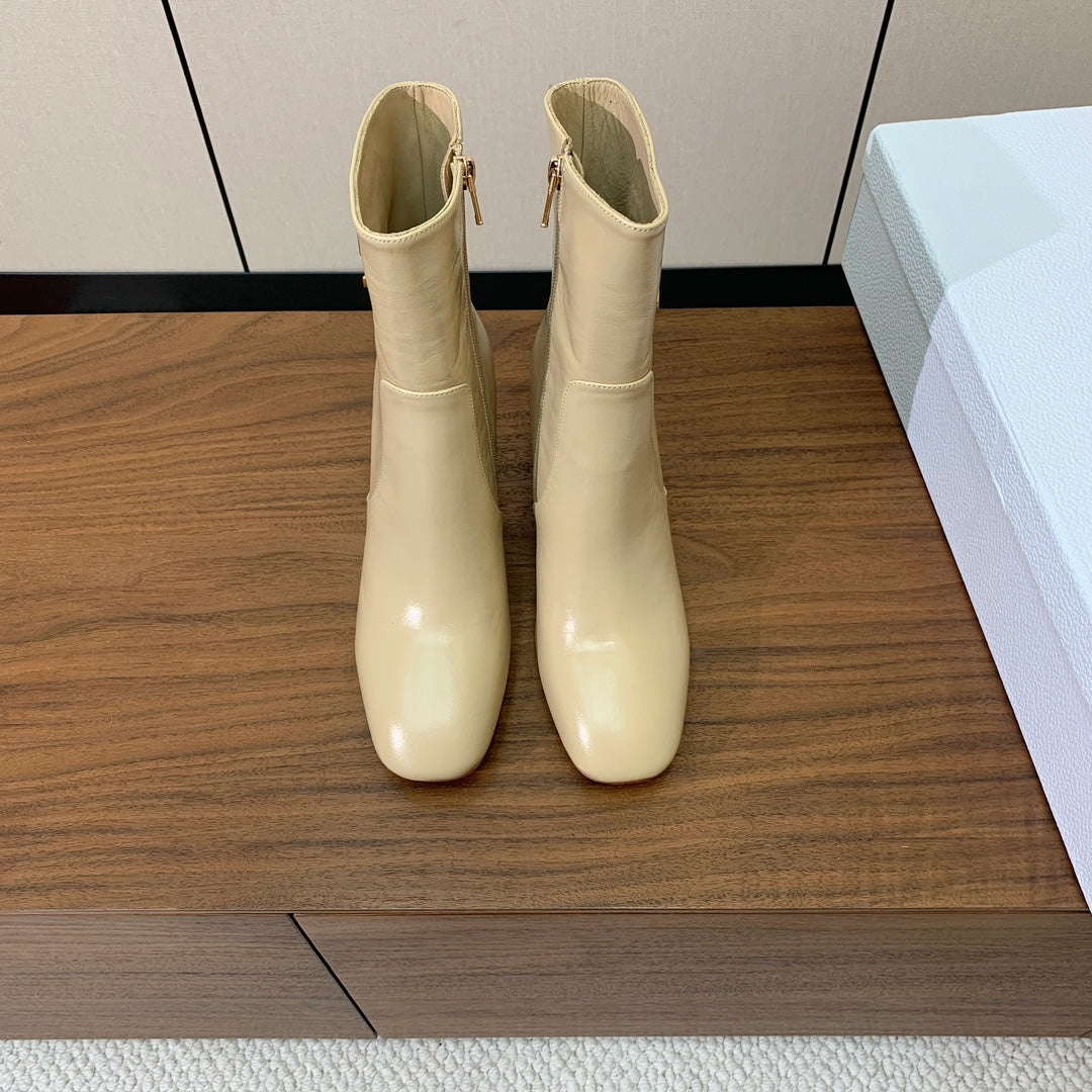 DIOR 25S ANKLE BOOTS 80 MM IN BEIGE CALFSKIN WITH GOLD HARDWARE