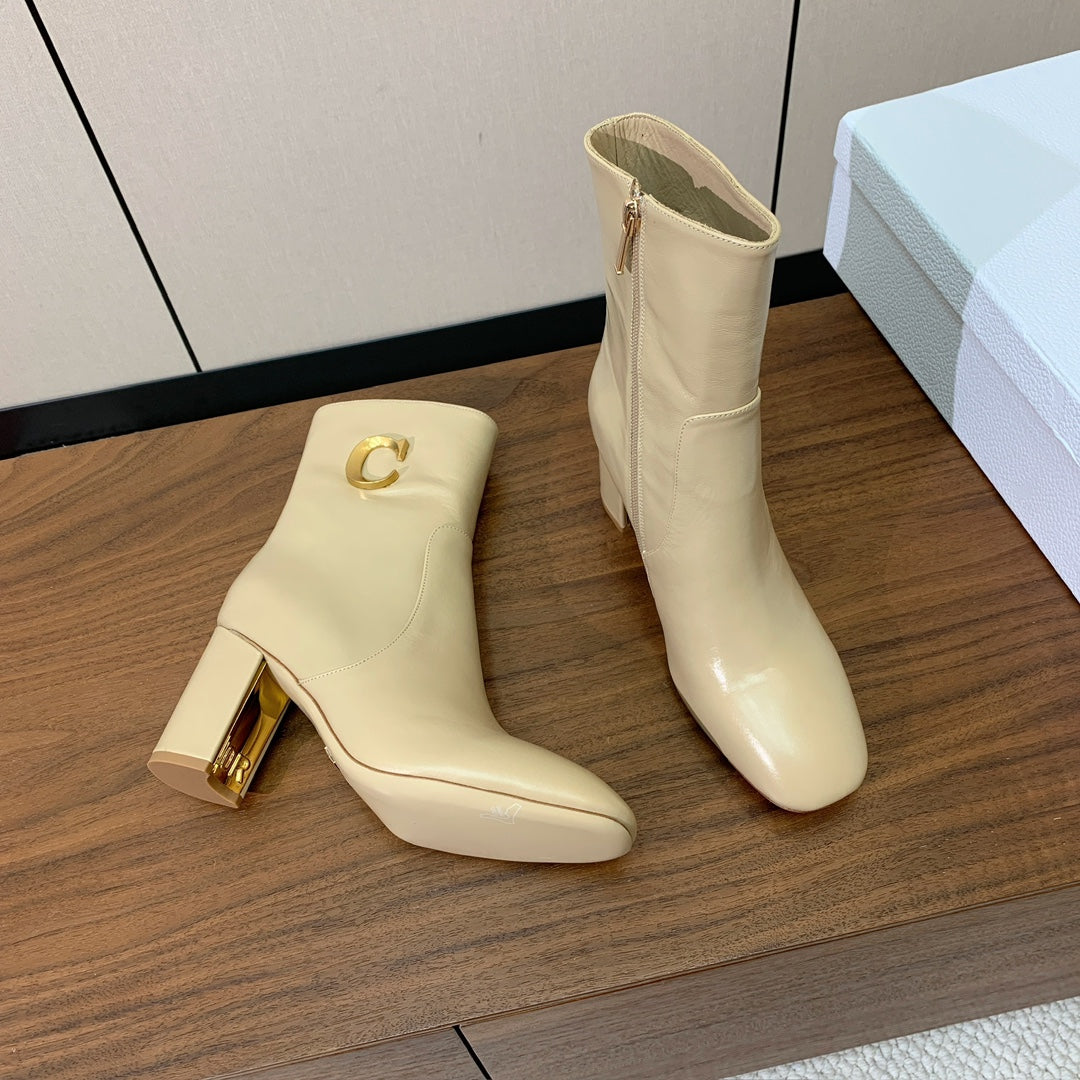 DIOR 25S ANKLE BOOTS 80 MM IN BEIGE CALFSKIN WITH GOLD HARDWARE