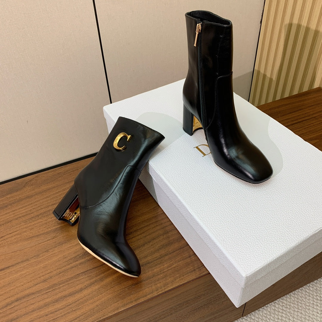 DIOR 25S ANKLE BOOTS 80 MM IN BLACK CALFSKIN WITH GOLD HARDWARE