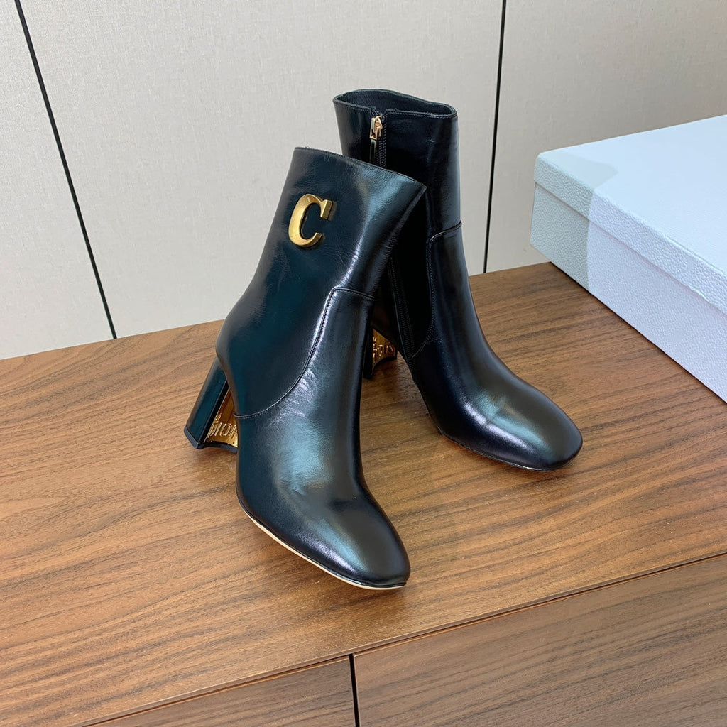 DIOR 25S ANKLE BOOTS 80 MM IN BLACK CALFSKIN WITH GOLD HARDWARE
