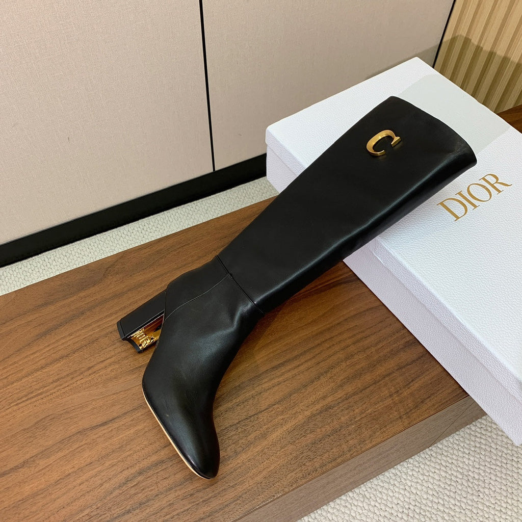 DIOR 25S KNEE-HIGH BOOTS 80 MM IN BLACK CALFSKIN WITH GOLD HARDWARE