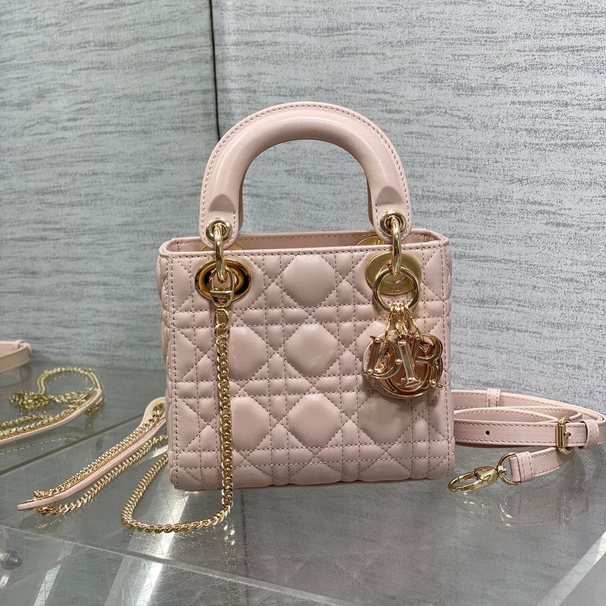 DIOR LADY MINI BAG 17 IN LIGHT PINK LAMBSKIN