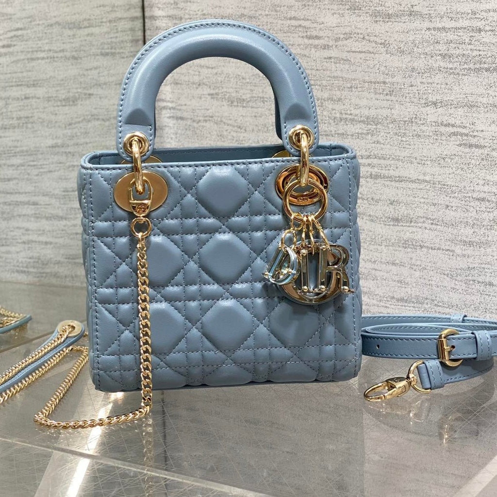 DIOR LADY MINI BAG 17 IN CERULEAN BLUE LAMBSKIN