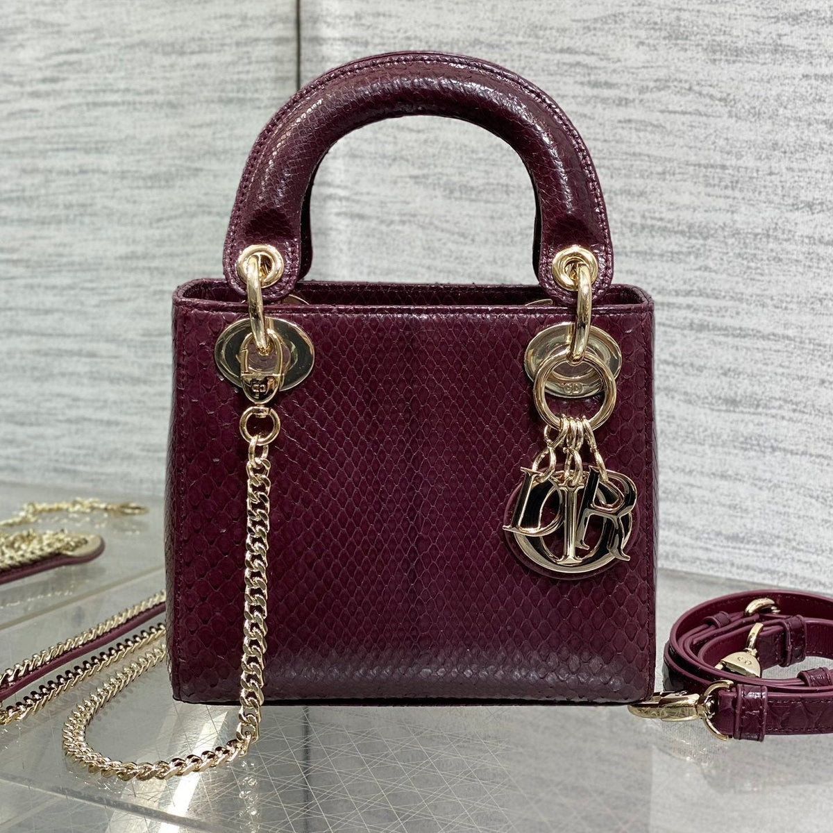 DIOR MINI 17 LADY BAG IN PLUM PURPLE SNAKESKIN PATTERN LAMBSKIN