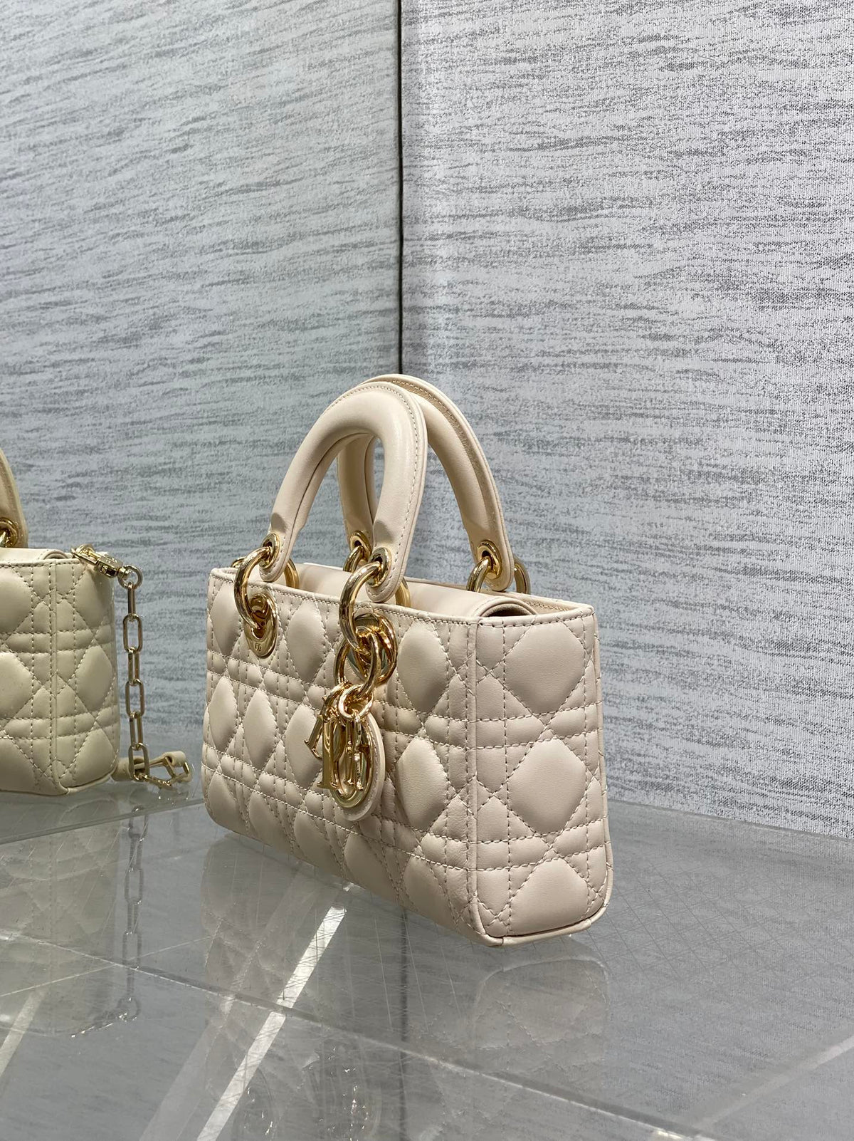 DIOR 25S SMALL LADY D-JOY 22 IN BEIGE LAMBSKIN GOLD HARDWRE