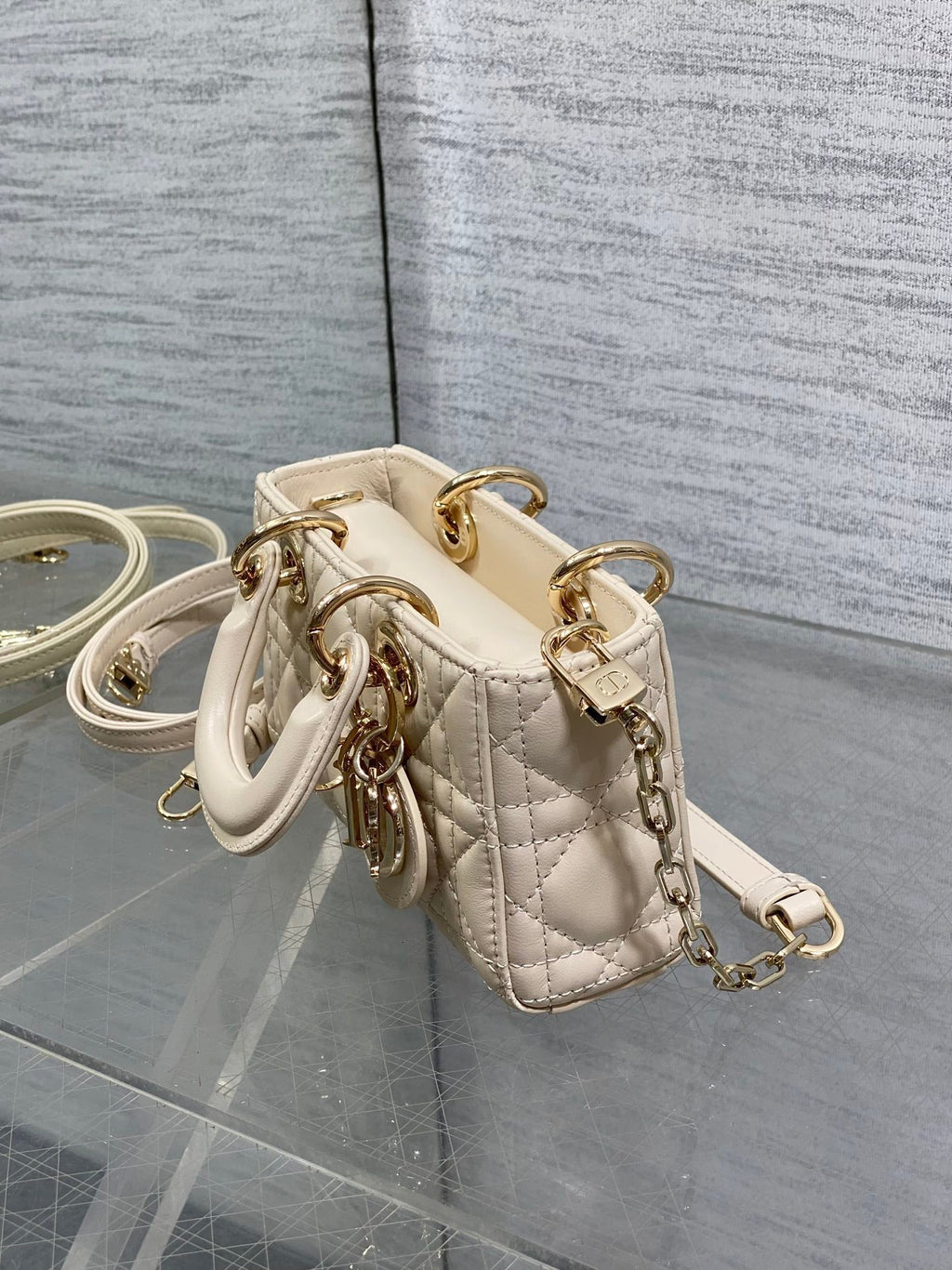 DIOR 25S MICRO LADY D-JOY 16 IN BEIGE LAMBSKIN GOLD HARDWRE