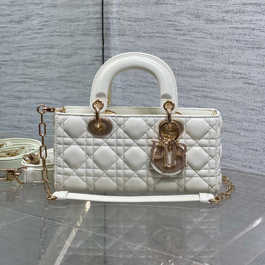 DIOR 25S SMALL LADY D‑JOY BAG 22 IN IVORY CALFSKIN GOLD HARDWRE