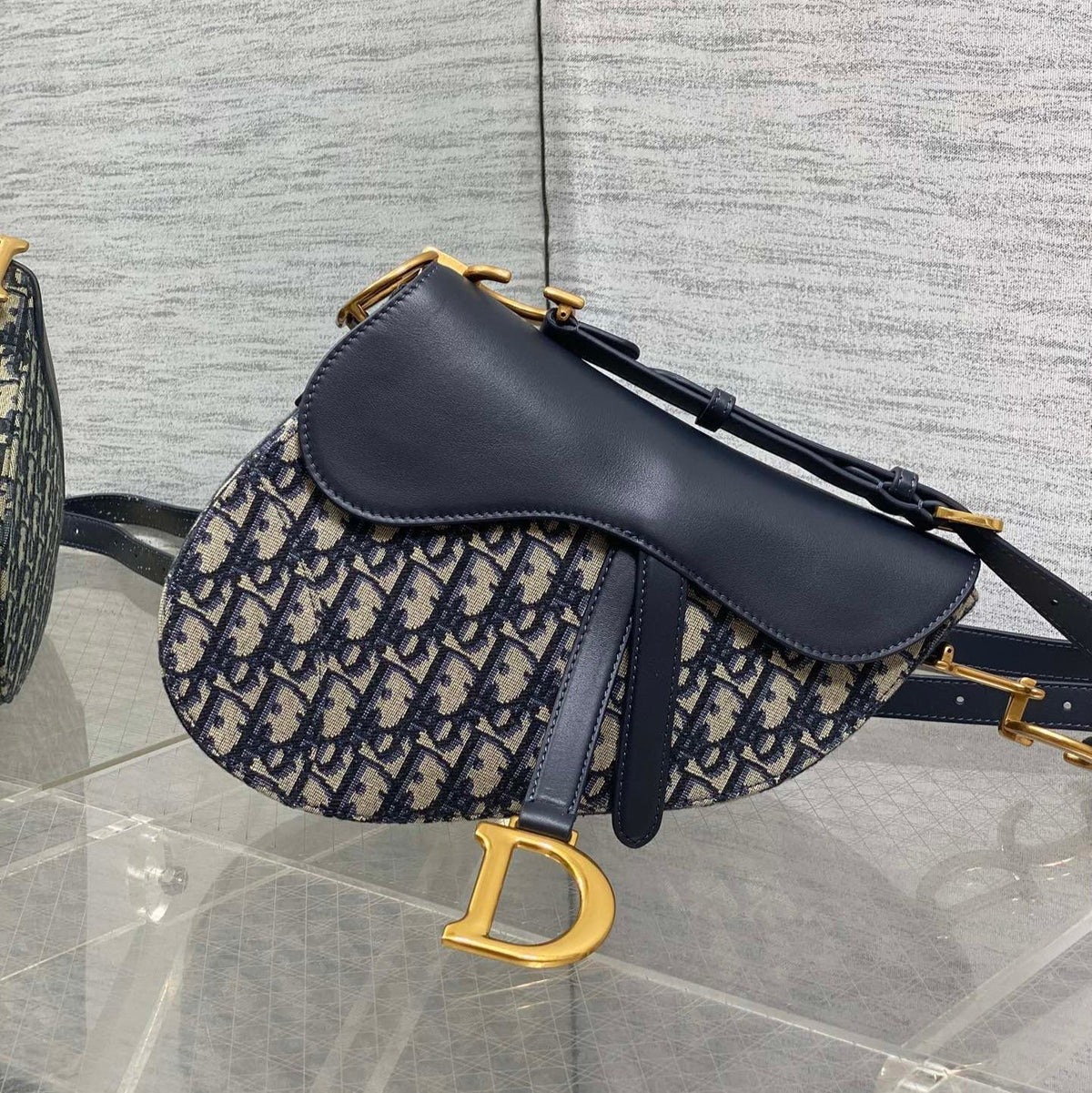 DIOR 25S MINI SOFT SADDLE BAG 19 IN BLUE DIOR OBLIQUE JACQUARD AND SMOOTH CALFSKIN